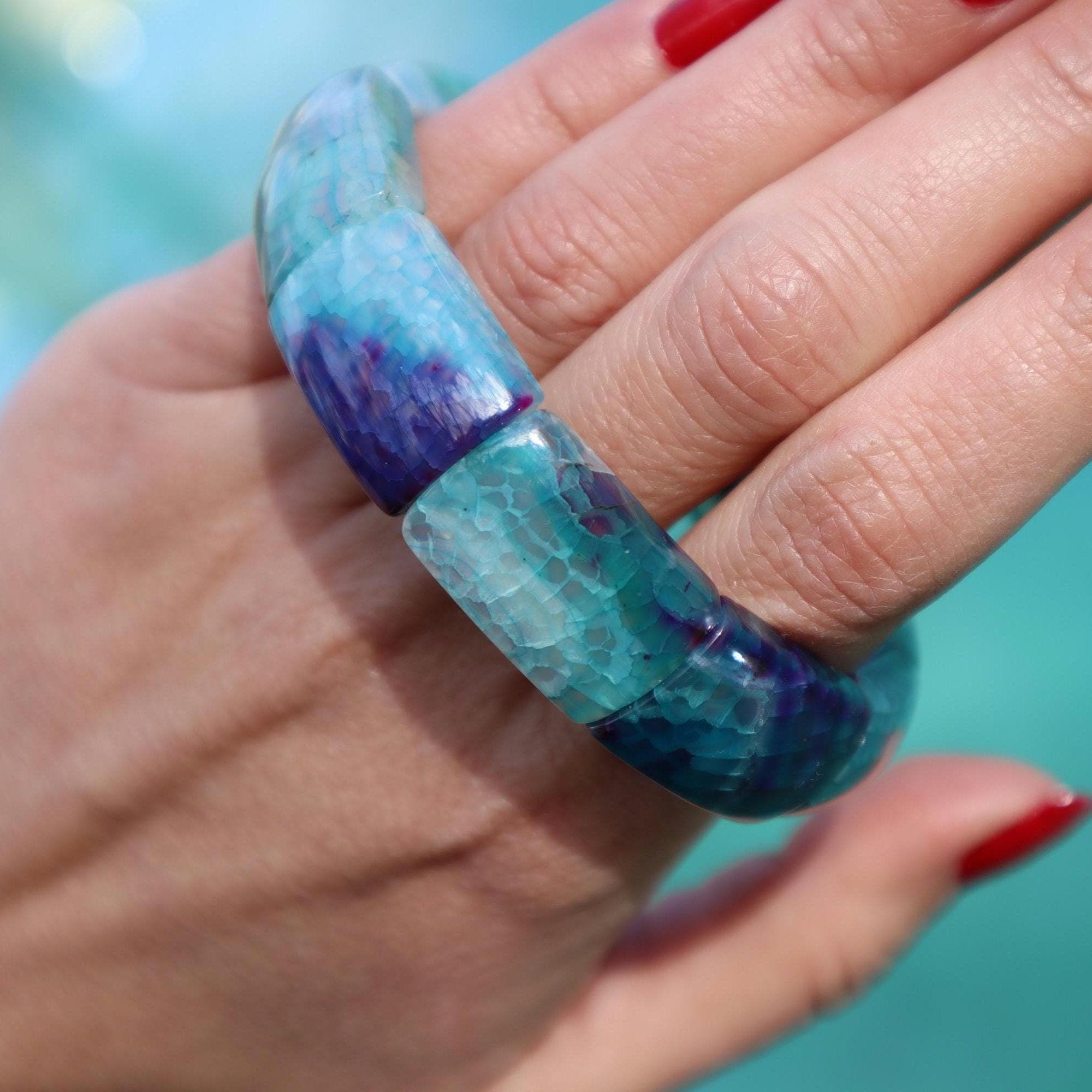 Blue Agate Beaded Bracelet Women Natural Gemstone Minimal Jewelry