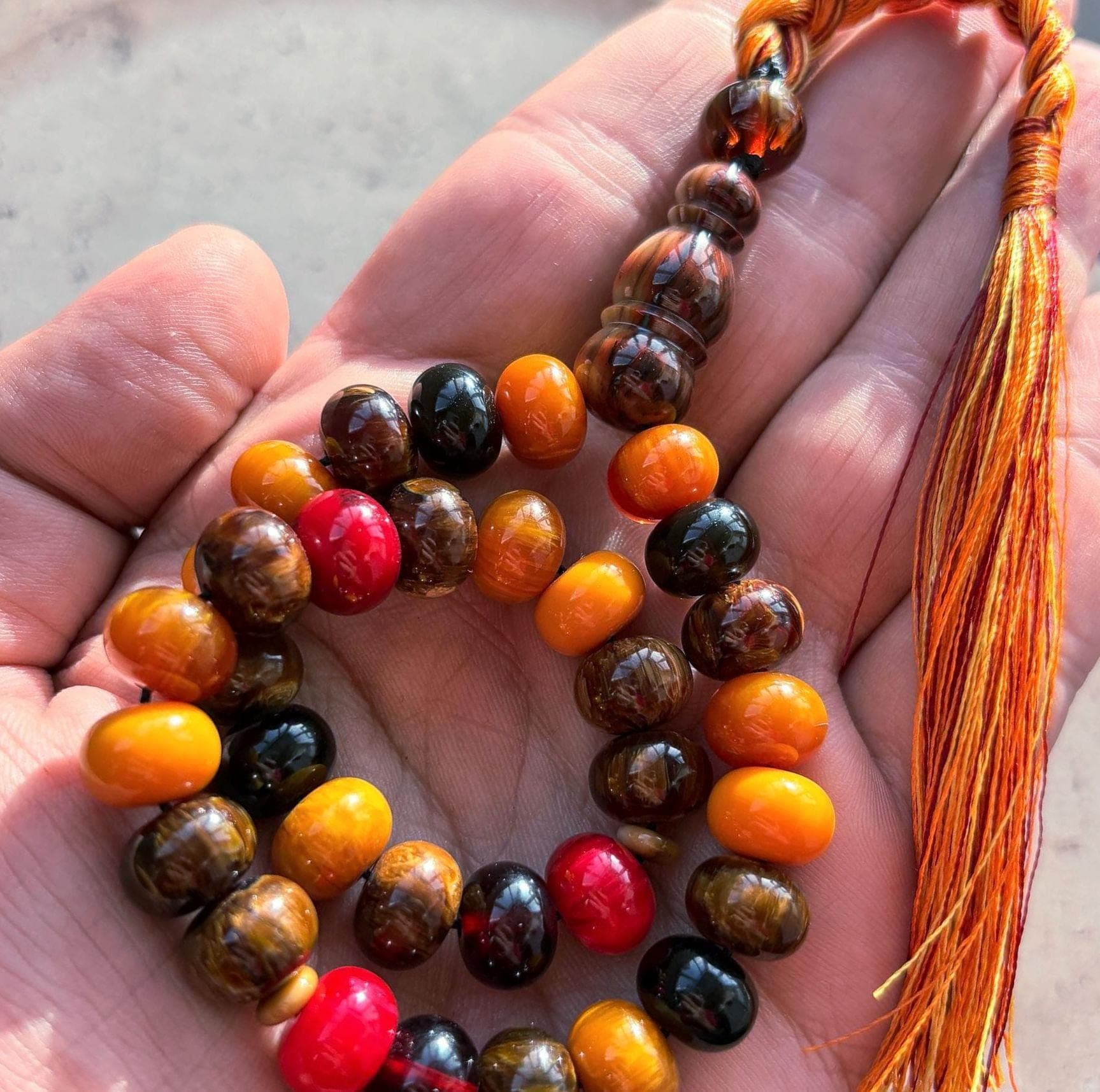Colorful Pressed Amber Prayer Beads | Handmade 33-Bead Tasbih | Islamic Misbaha