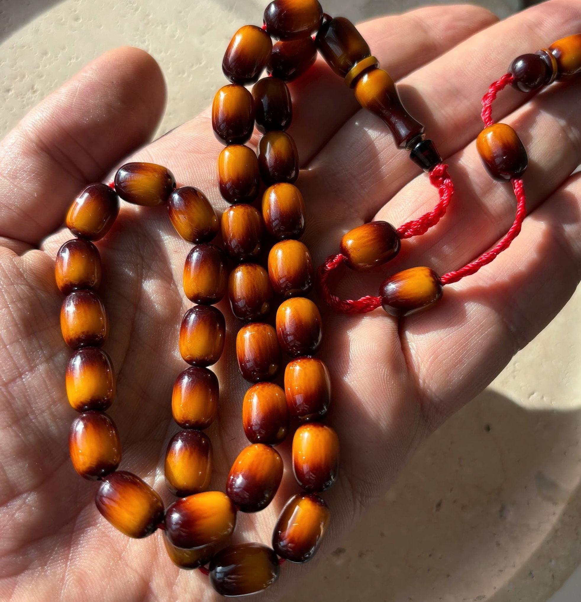 33 Bead Striped Pressed Amber Tasbih – Golden Honey Islamic Prayer Beads, Misbaha - image 3