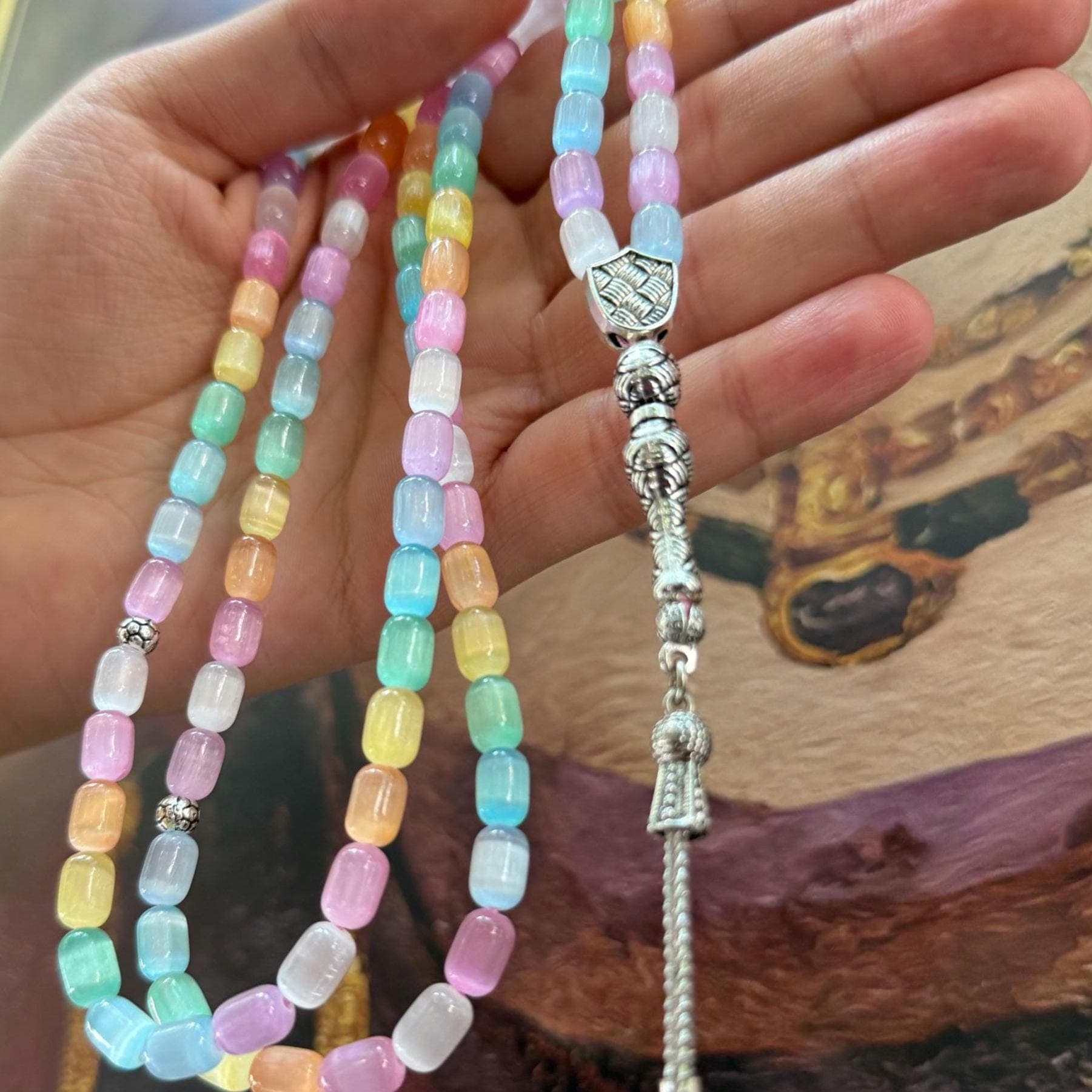Selenite Islamic Prayer Beads: Multicolor Gemstone Tasbih | Agate