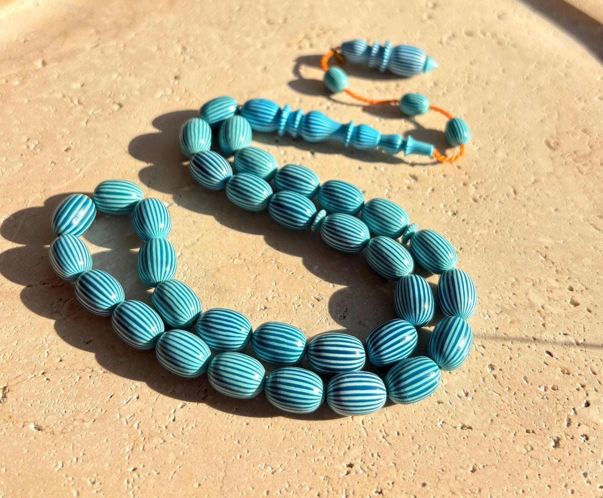 Blue Striped Galalith Tasbih | French Casein Prayer Beads | Sibha - image 3
