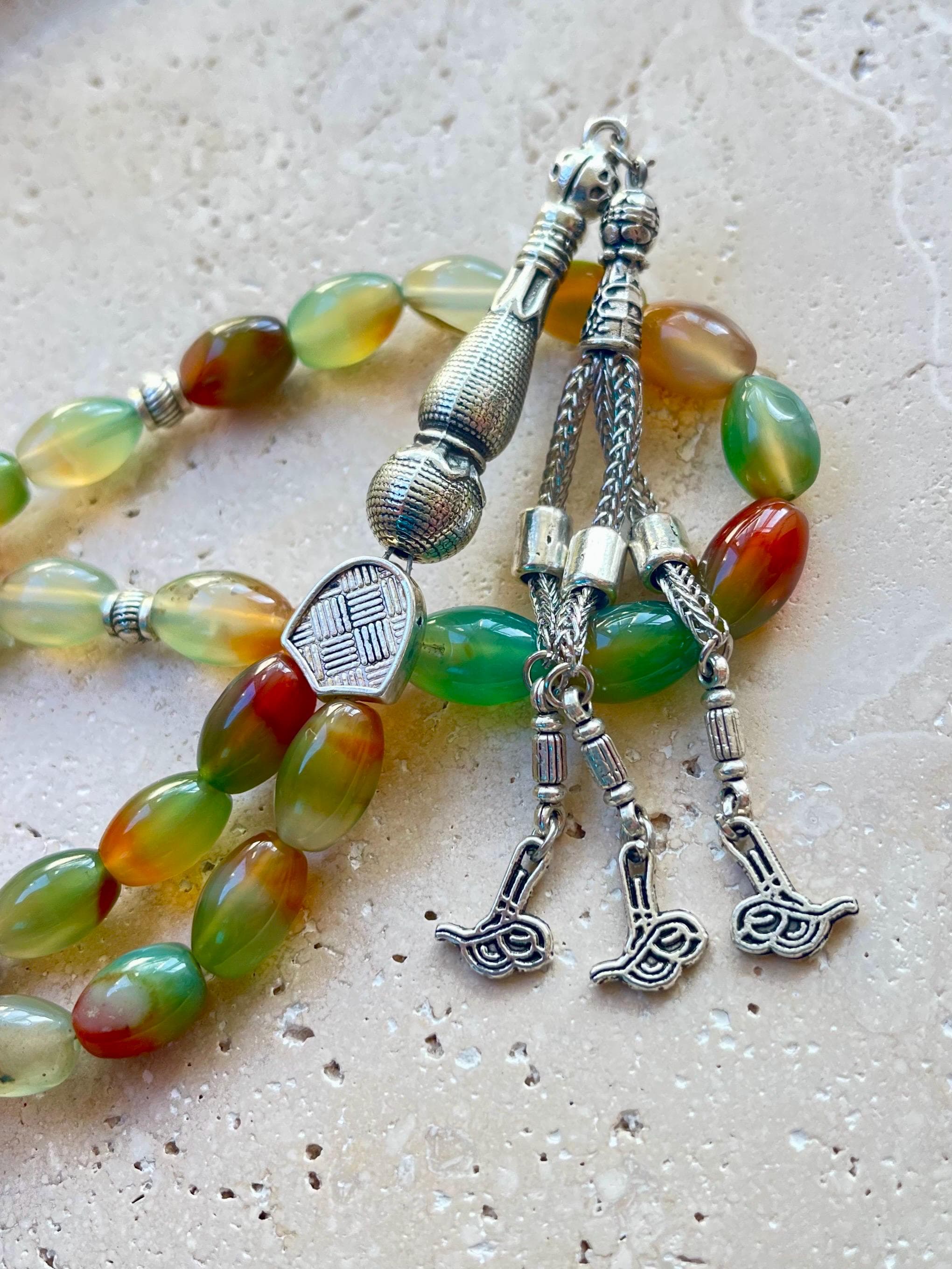 Green Agate Islamic Prayer Beads: Gemstone Tasbih, Muslim Rosary - image 4