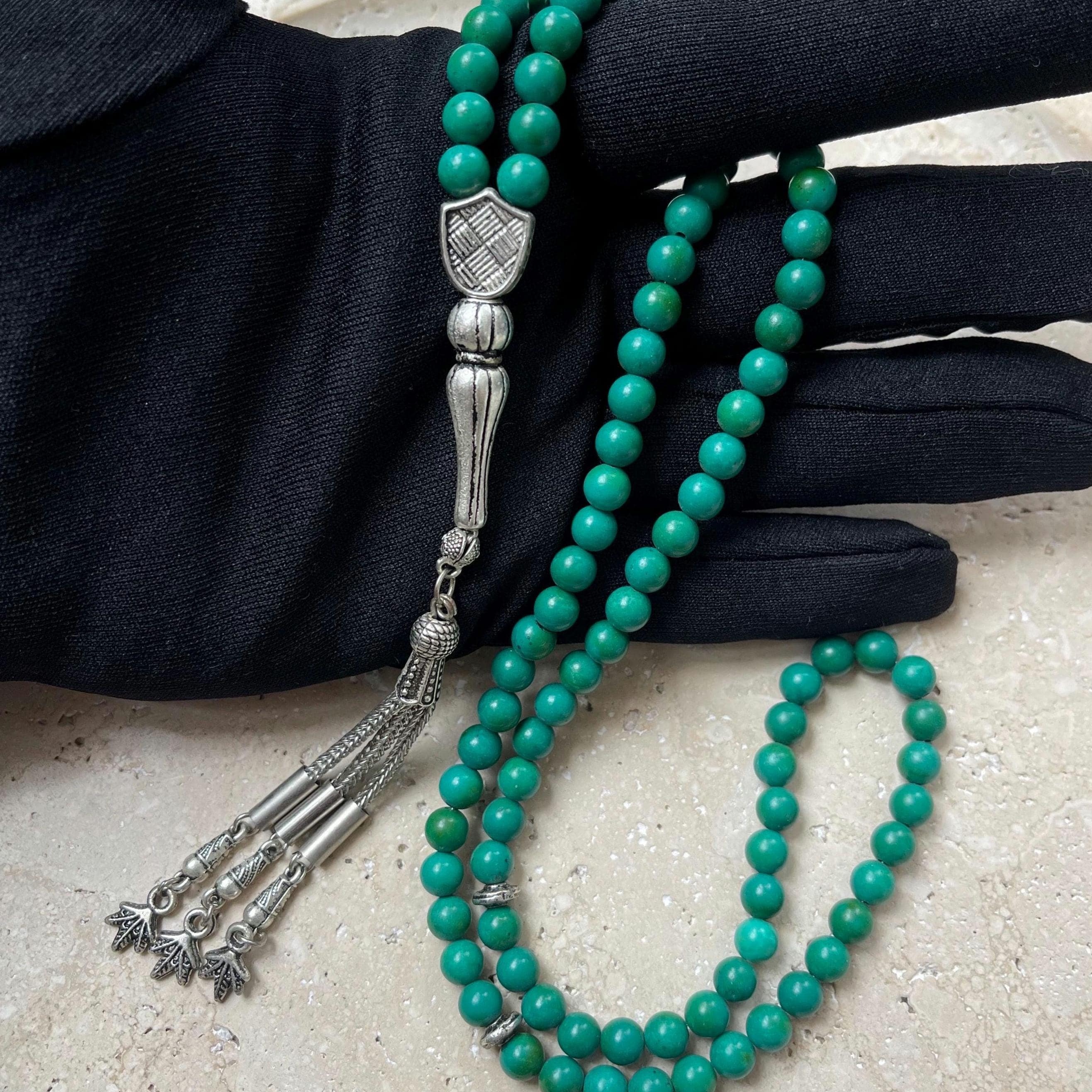 Green Turquoise Islamic Prayer Beads: 99-Bead Gemstone Tasbih