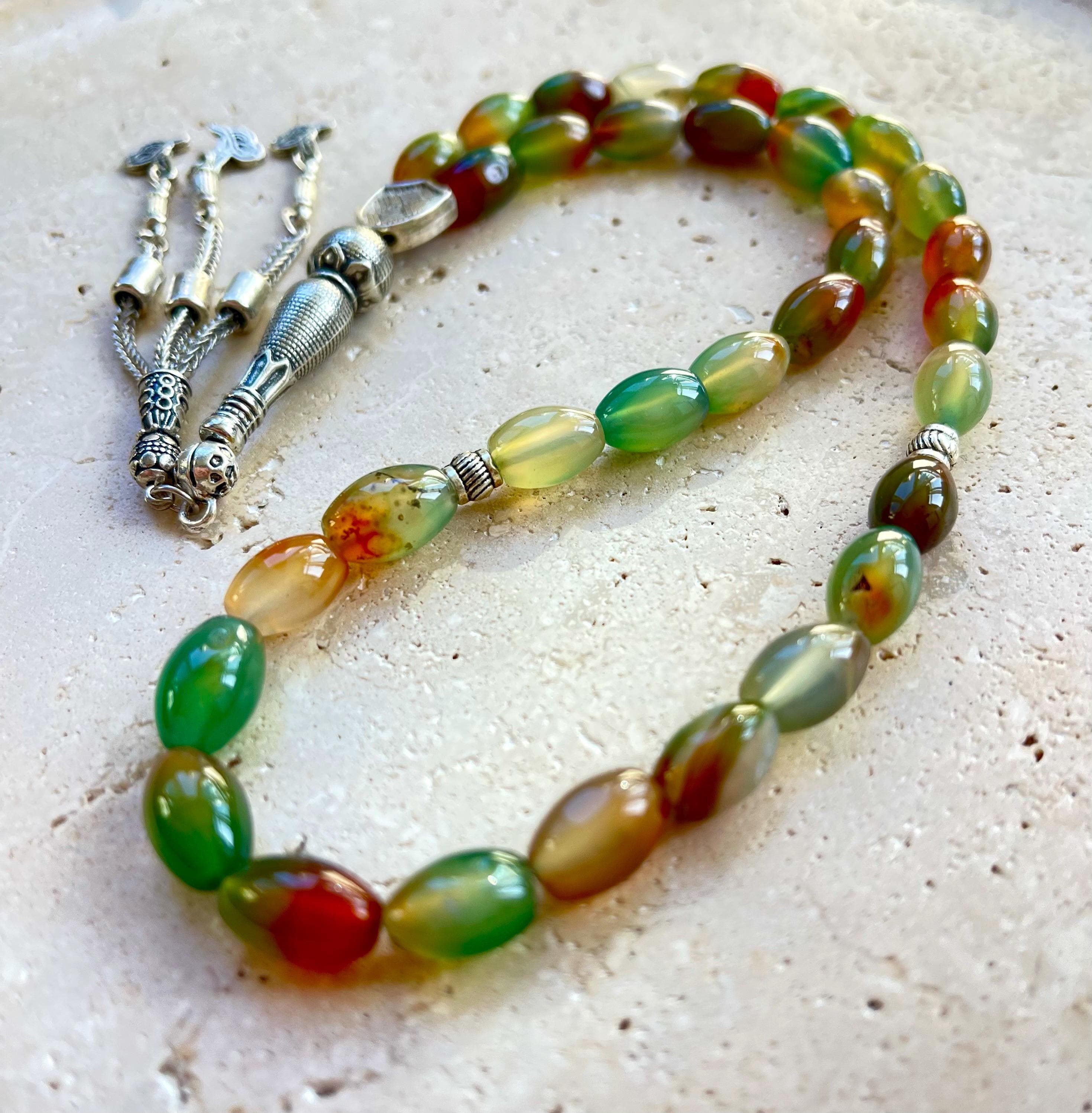 Green Agate Islamic Prayer Beads: Gemstone Tasbih, Muslim Rosary