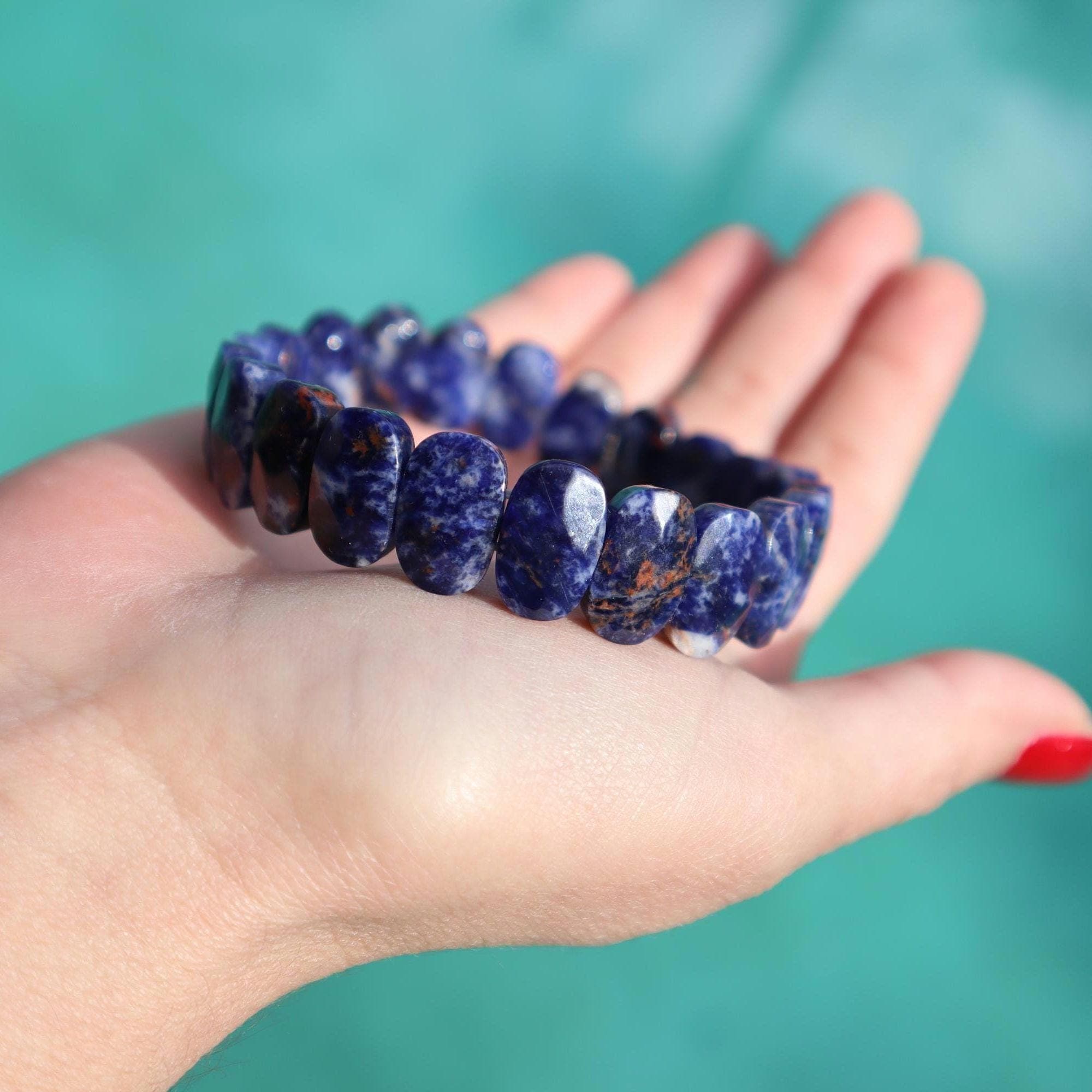 Natural Sodalite Beaded Bracelet, Blue Gemstone Crystal Jewelry, Handmade Chic Style