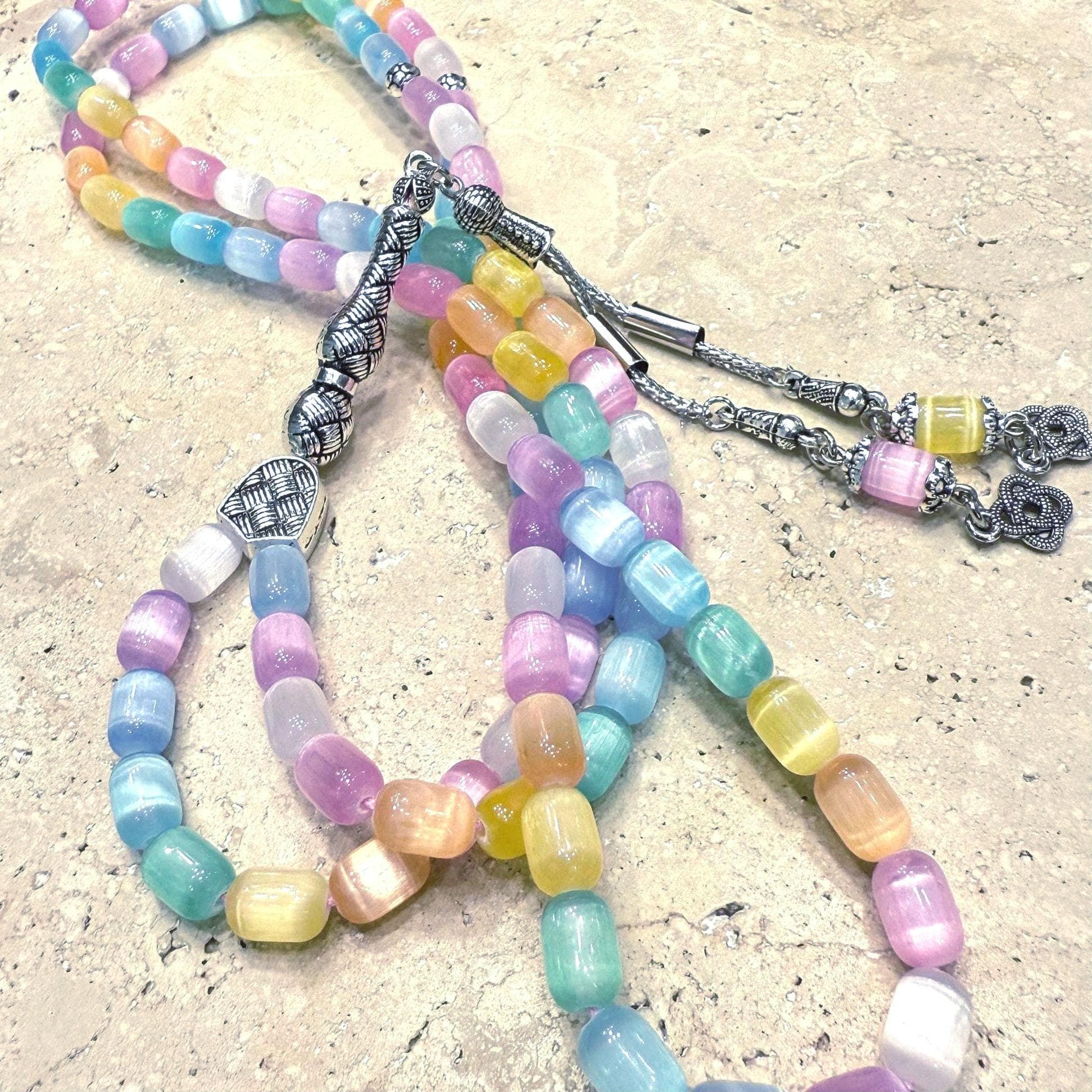 Selenite Islamic Prayer Beads: Multicolor Gemstone Tasbih | Agate - image 5