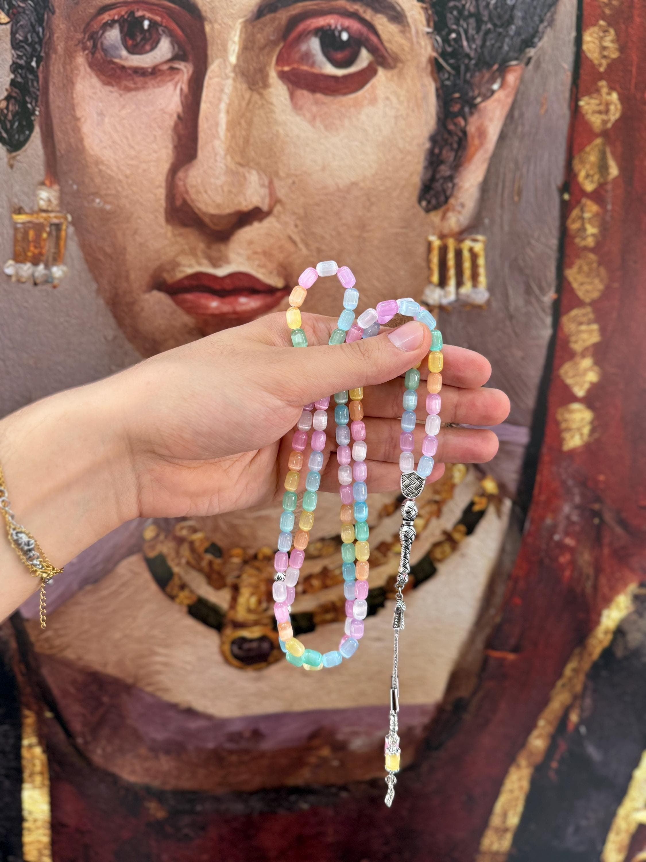 Selenite Islamic Prayer Beads: Multicolor Gemstone Tasbih | Agate - image 4