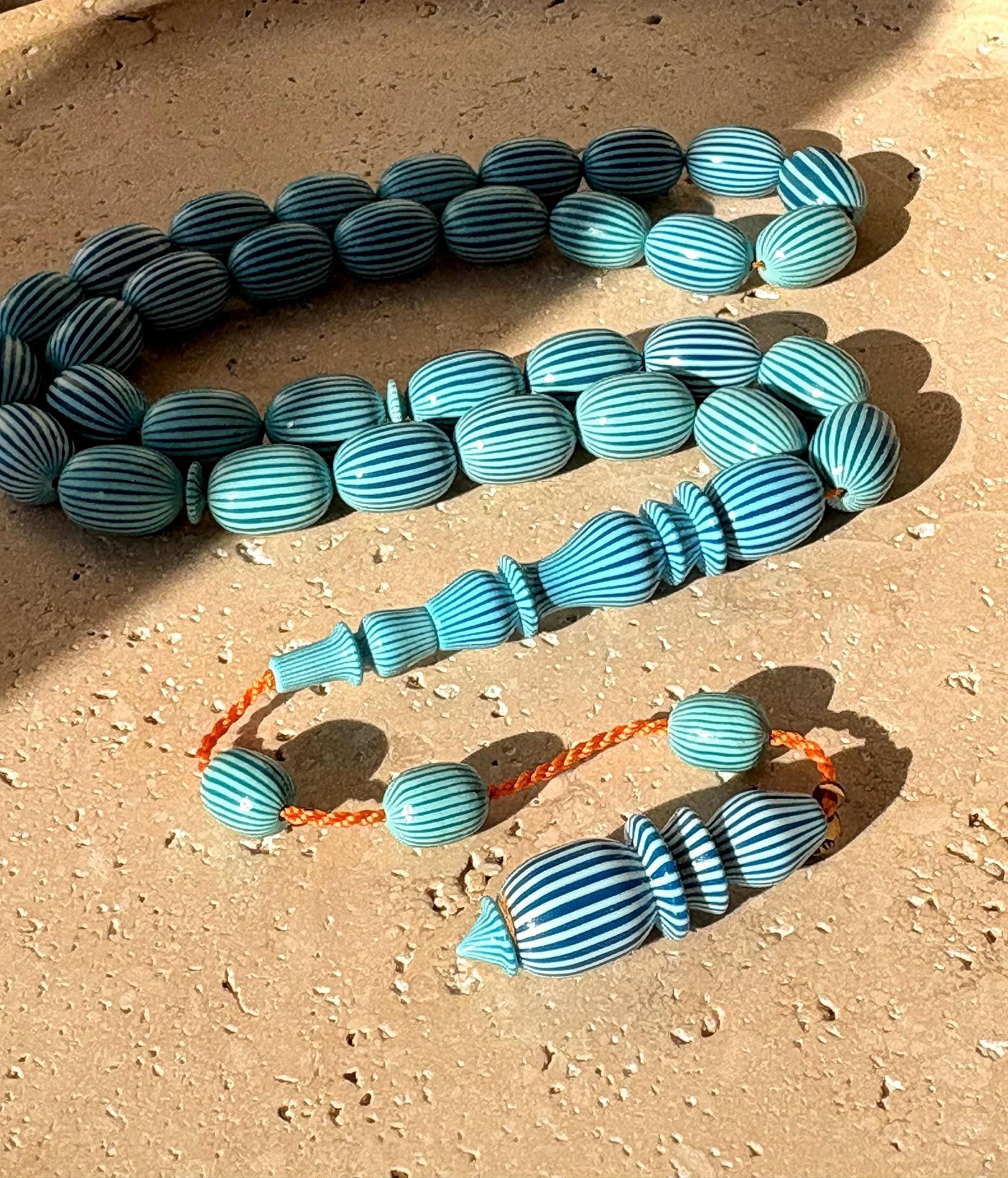 Blue Striped Galalith Tasbih | French Casein Prayer Beads | Sibha