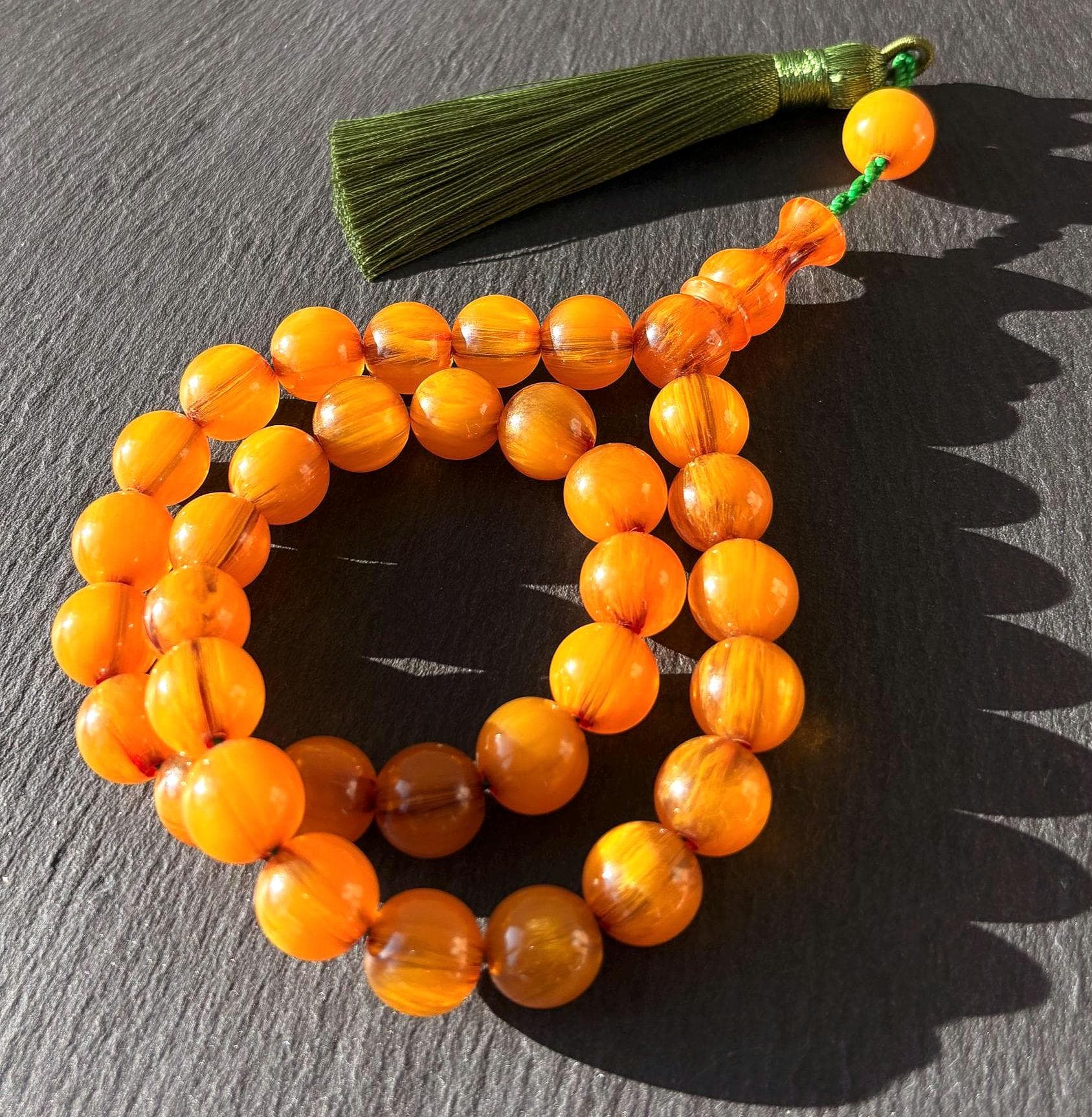 Yellow Pressed Amber Tasbih | 33 Bead Islamic Prayer Beads | Misbaha