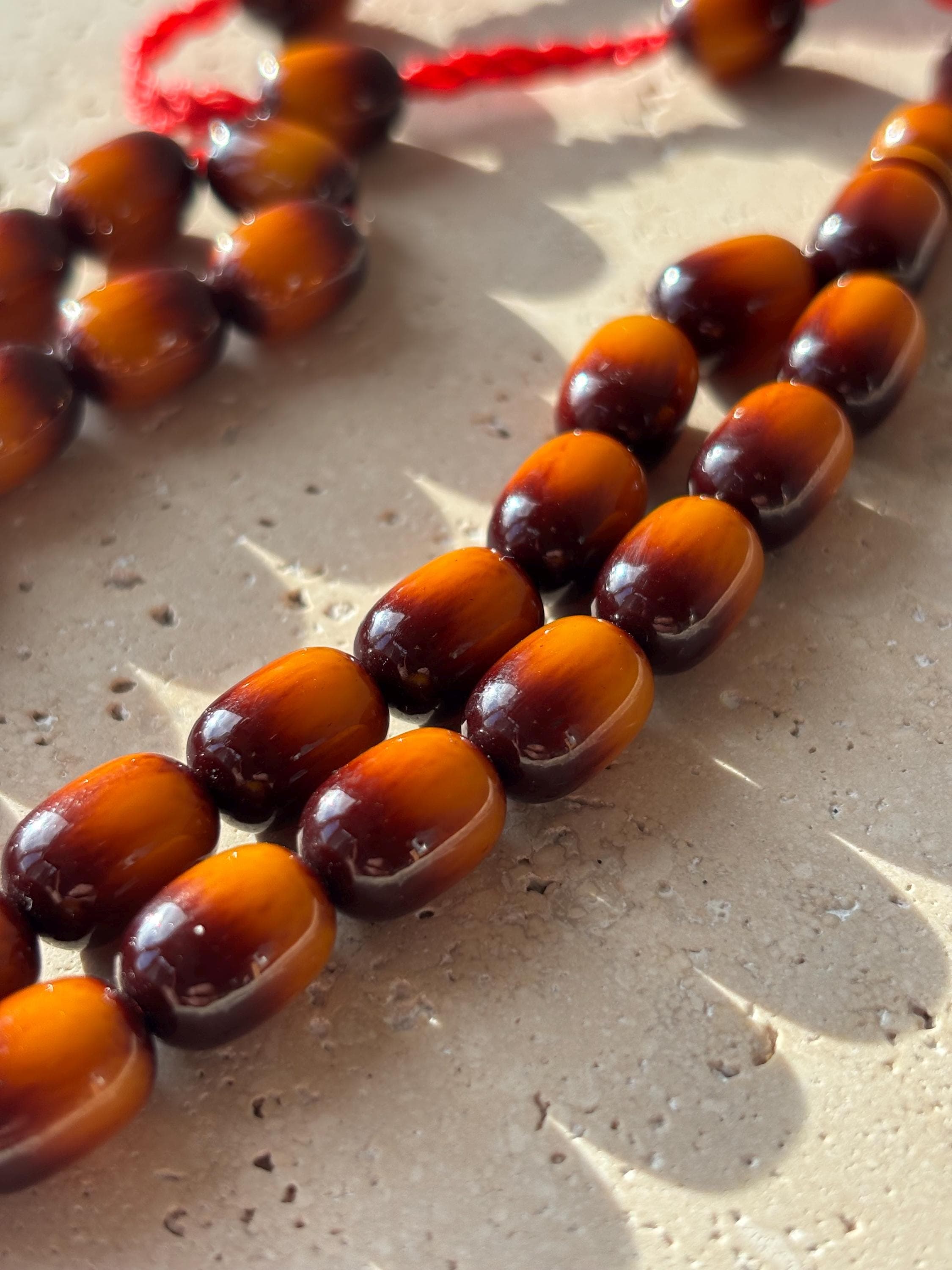 33 Bead Striped Pressed Amber Tasbih – Golden Honey Islamic Prayer Beads, Misbaha