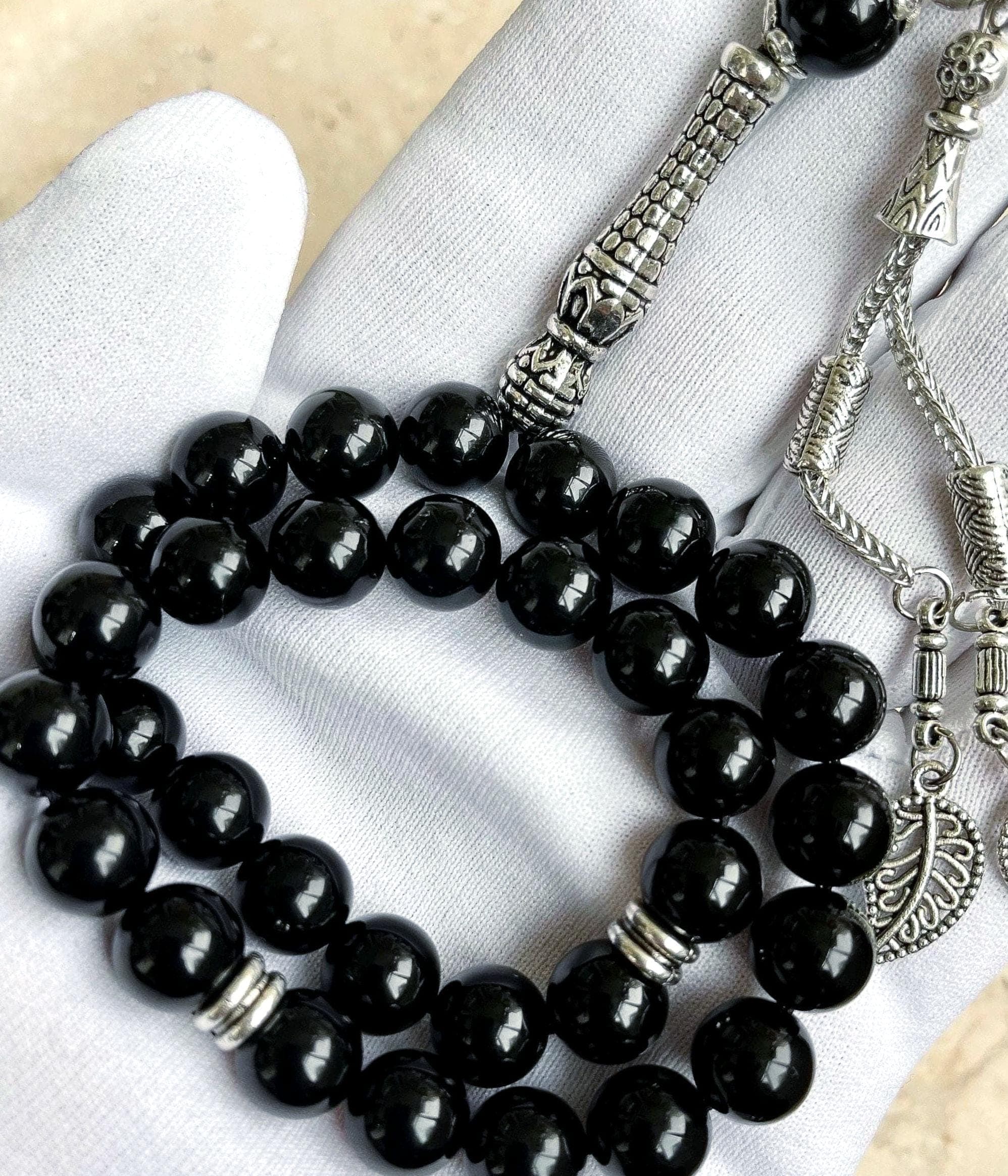 Black Onyx Islamic Prayer Beads: 33-Bead Gemstone Tasbih