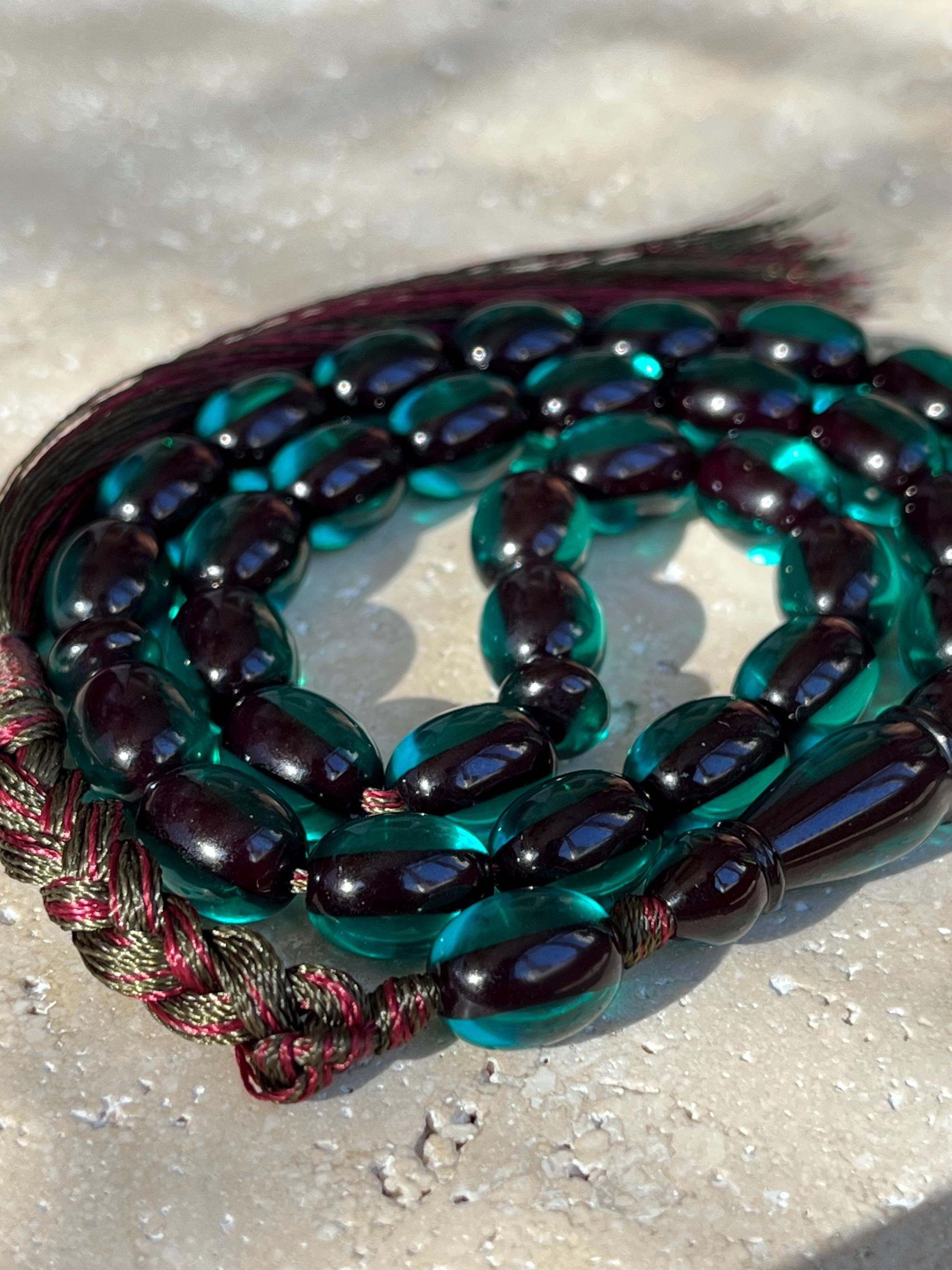 Green Pressed Amber Islamic Prayer Beads | Fire Effect Tasbih | 33 Beads - image 3