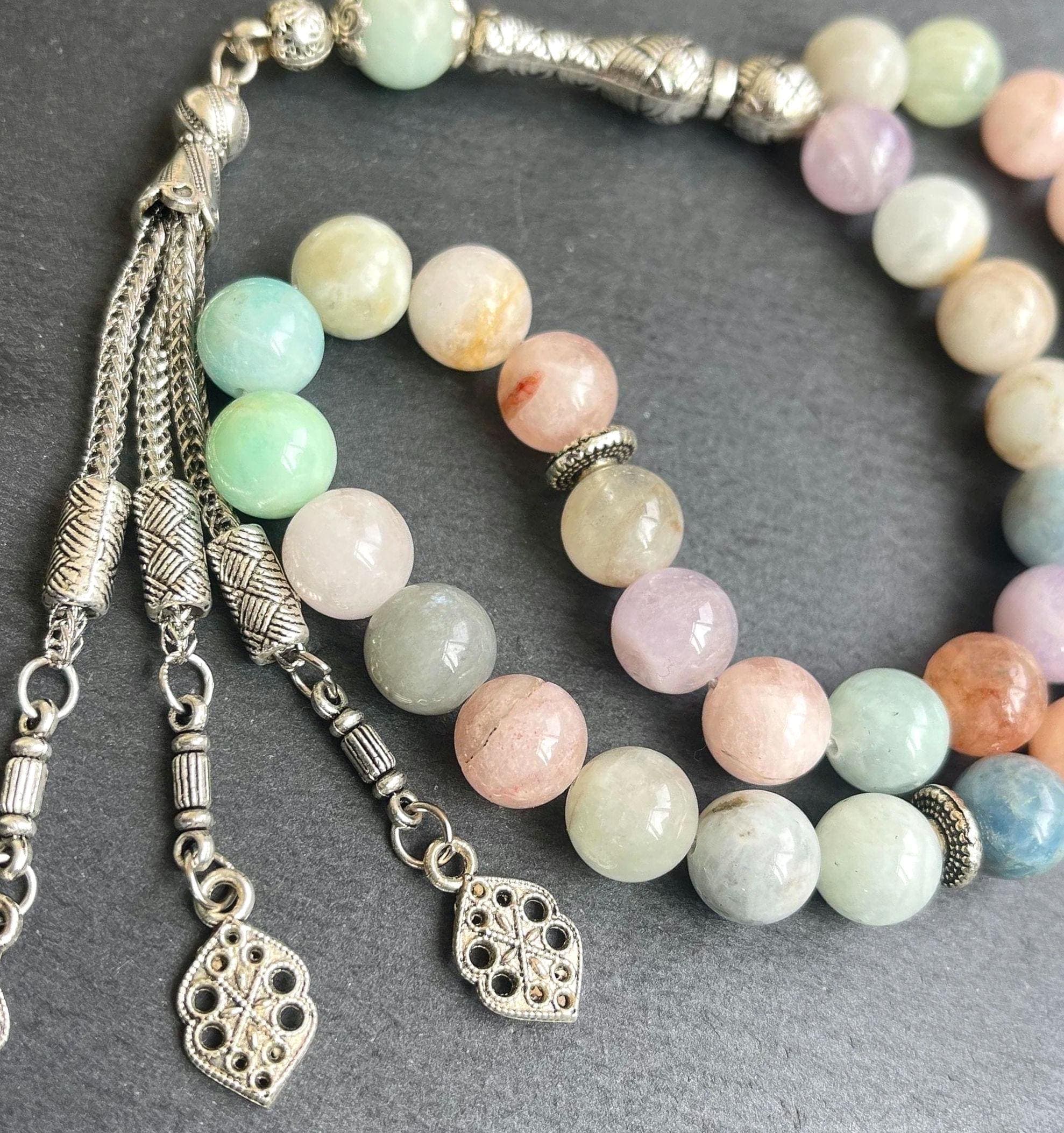 Aquamarine Agate Tasbih 33: Gemstone Islamic Prayer Beads
