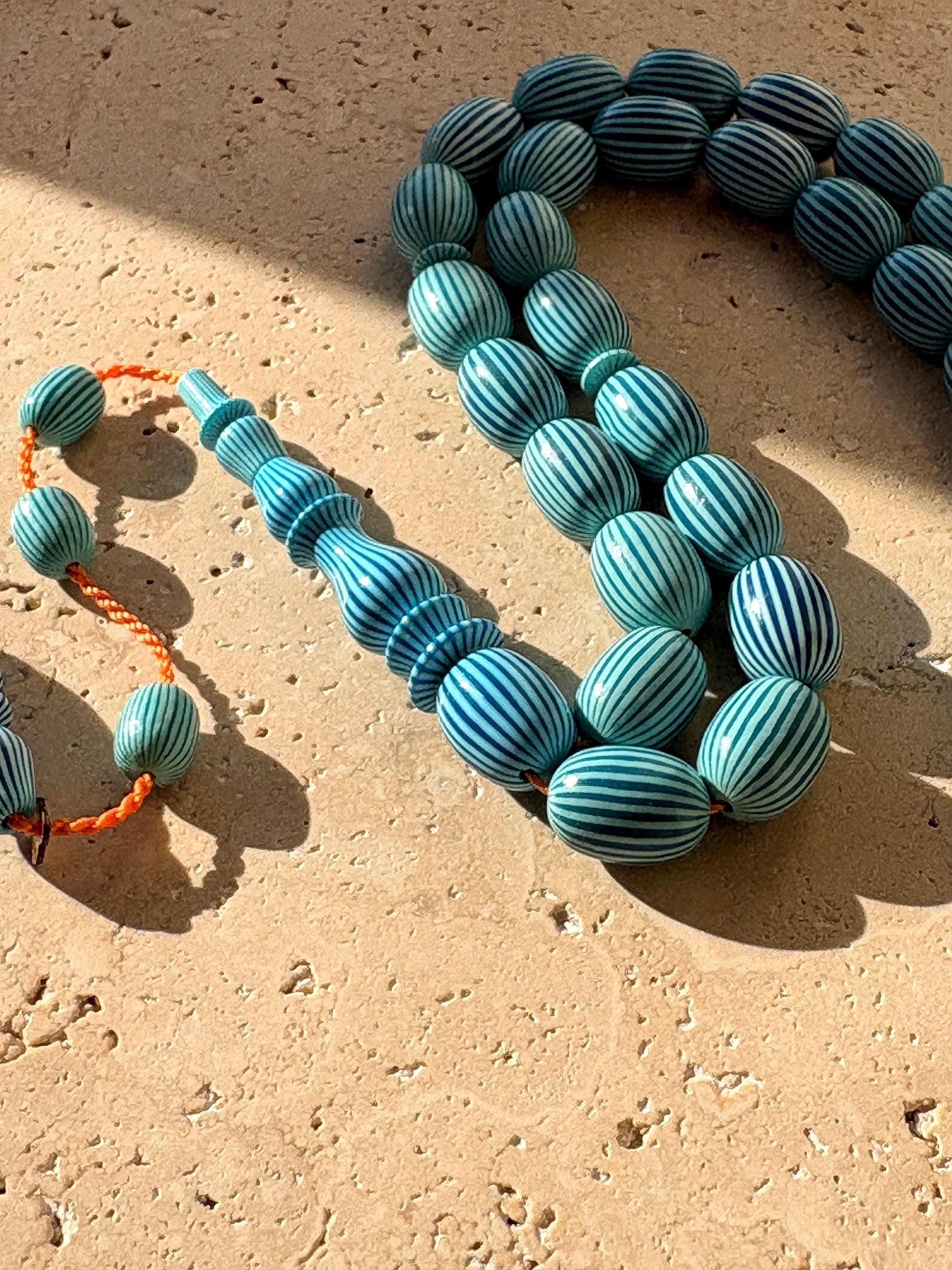 Blue Striped Galalith Tasbih | French Casein Prayer Beads | Sibha - image 4