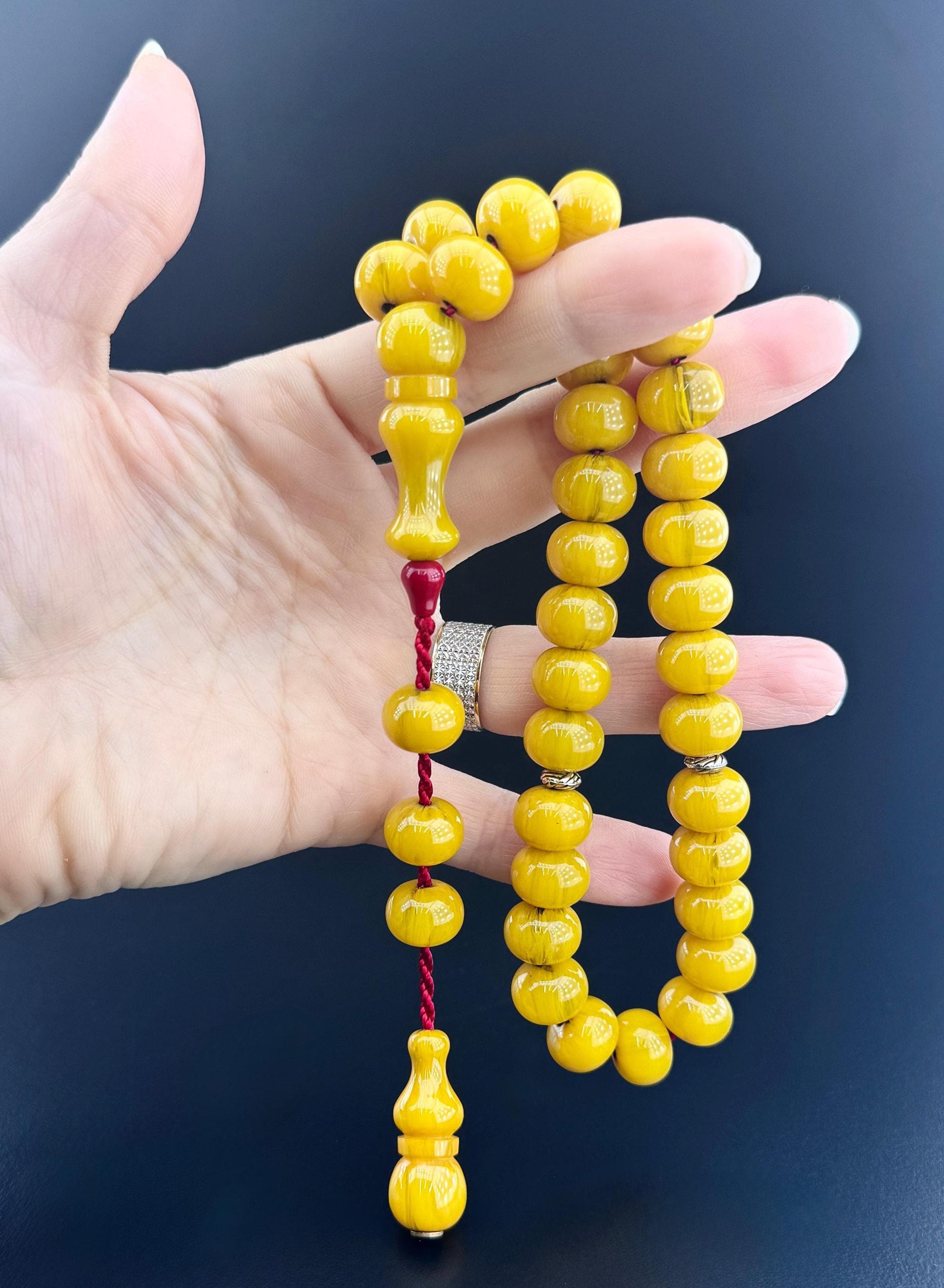 Pressed Amber Faturan Resin Prayer Beads: 33 Bead Islamic Tasbih Rosary