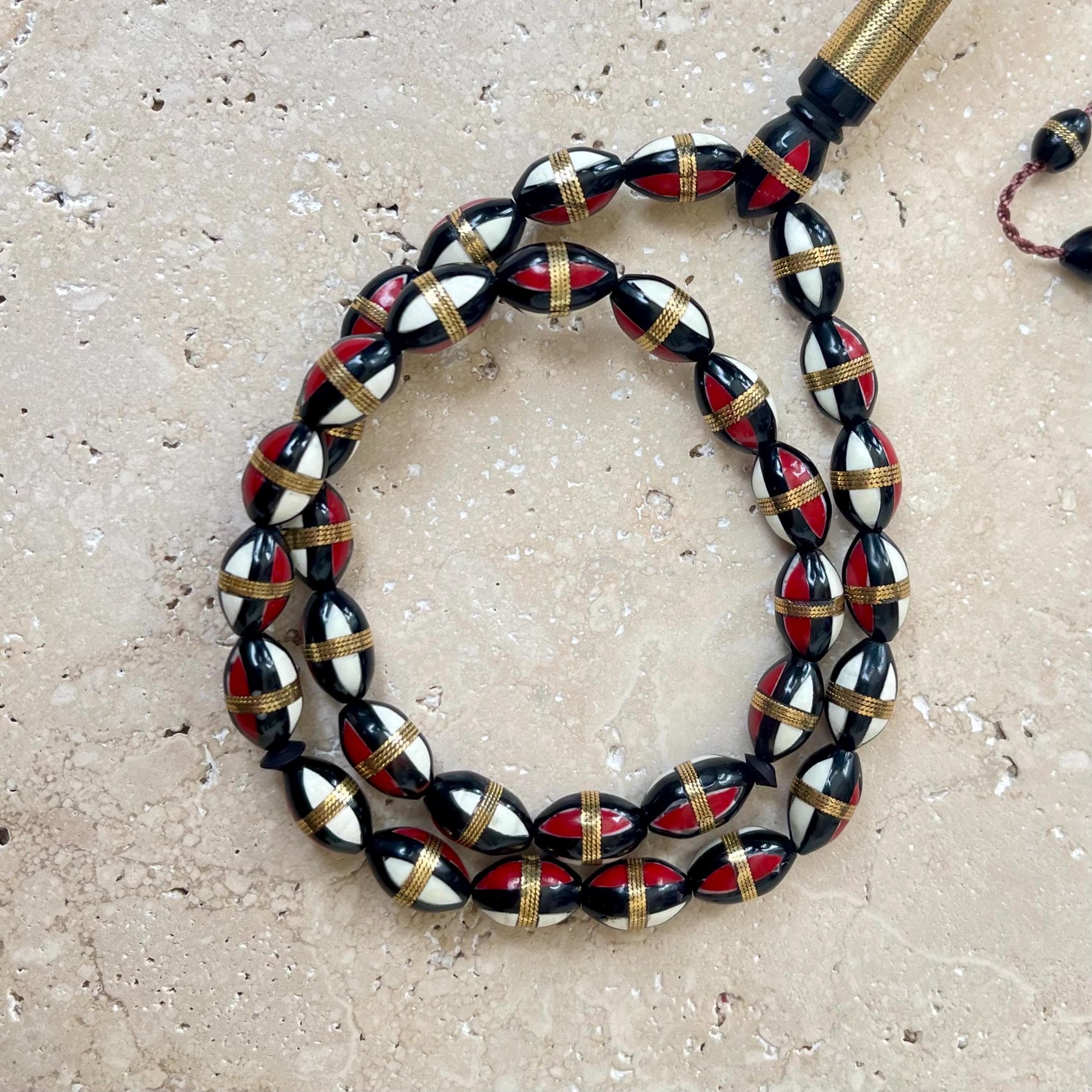 Hand-Carved Kuka Wood Tasbih | 33-Bead Islamic Prayer Beads | Red Accent Muslim Rosary - image 5