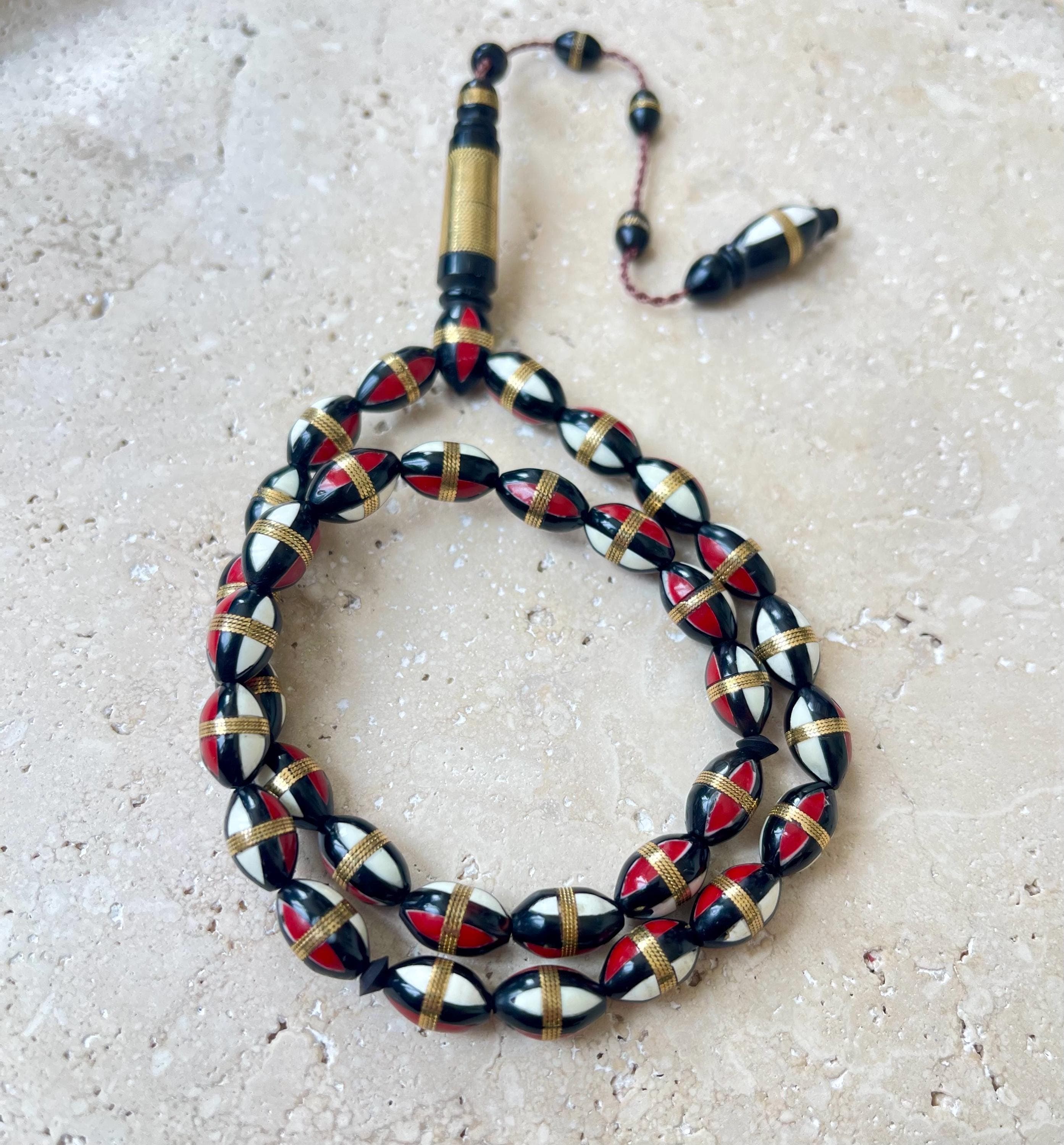 Hand-Carved Kuka Wood Tasbih | 33-Bead Islamic Prayer Beads | Red Accent Muslim Rosary - image 3