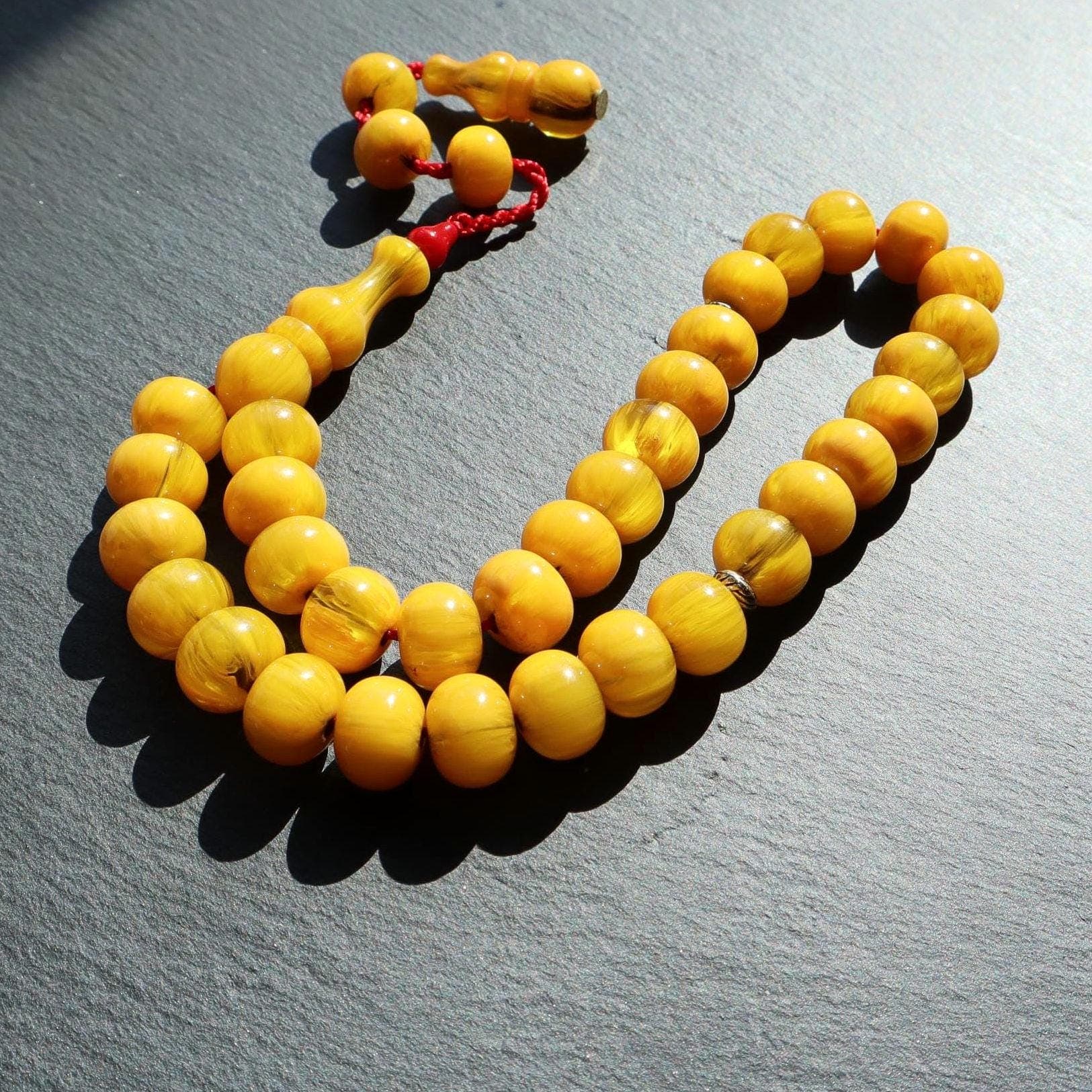 Pressed Amber Faturan Resin Prayer Beads: 33 Bead Islamic Tasbih Rosary - image 3