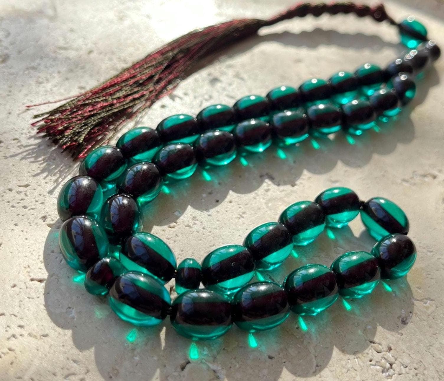 Green Pressed Amber Islamic Prayer Beads | Fire Effect Tasbih | 33 Beads