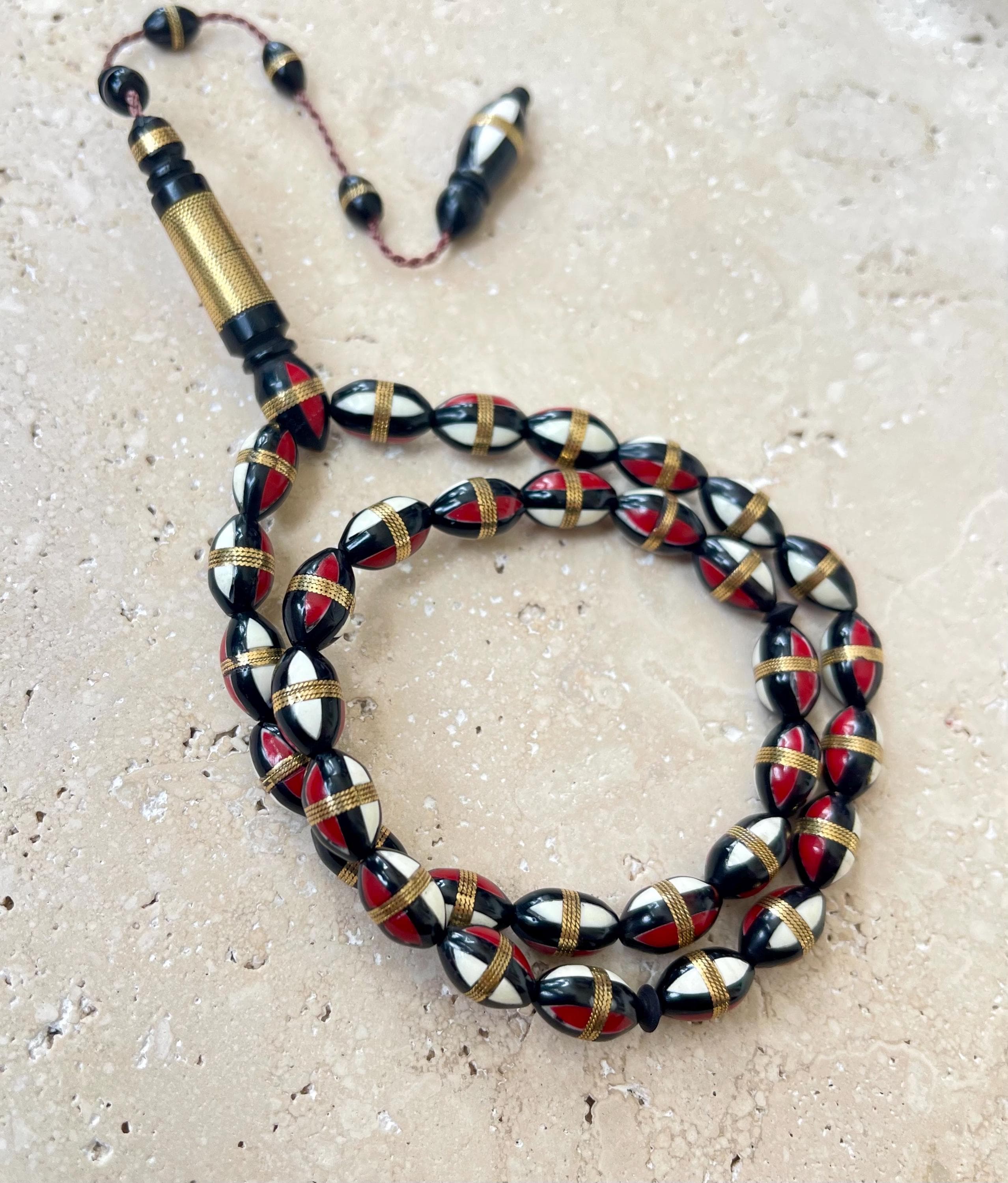 Hand-Carved Kuka Wood Tasbih | 33-Bead Islamic Prayer Beads | Red Accent Muslim Rosary - image 4