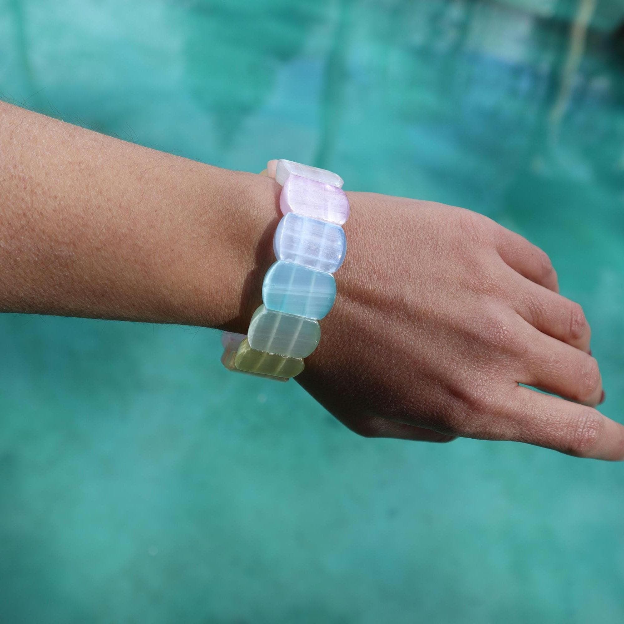 Multicolor Selenite Bracelet – Natural Rainbow Crystal Bead Bracelet, Minimalist Gemstone Jewelry