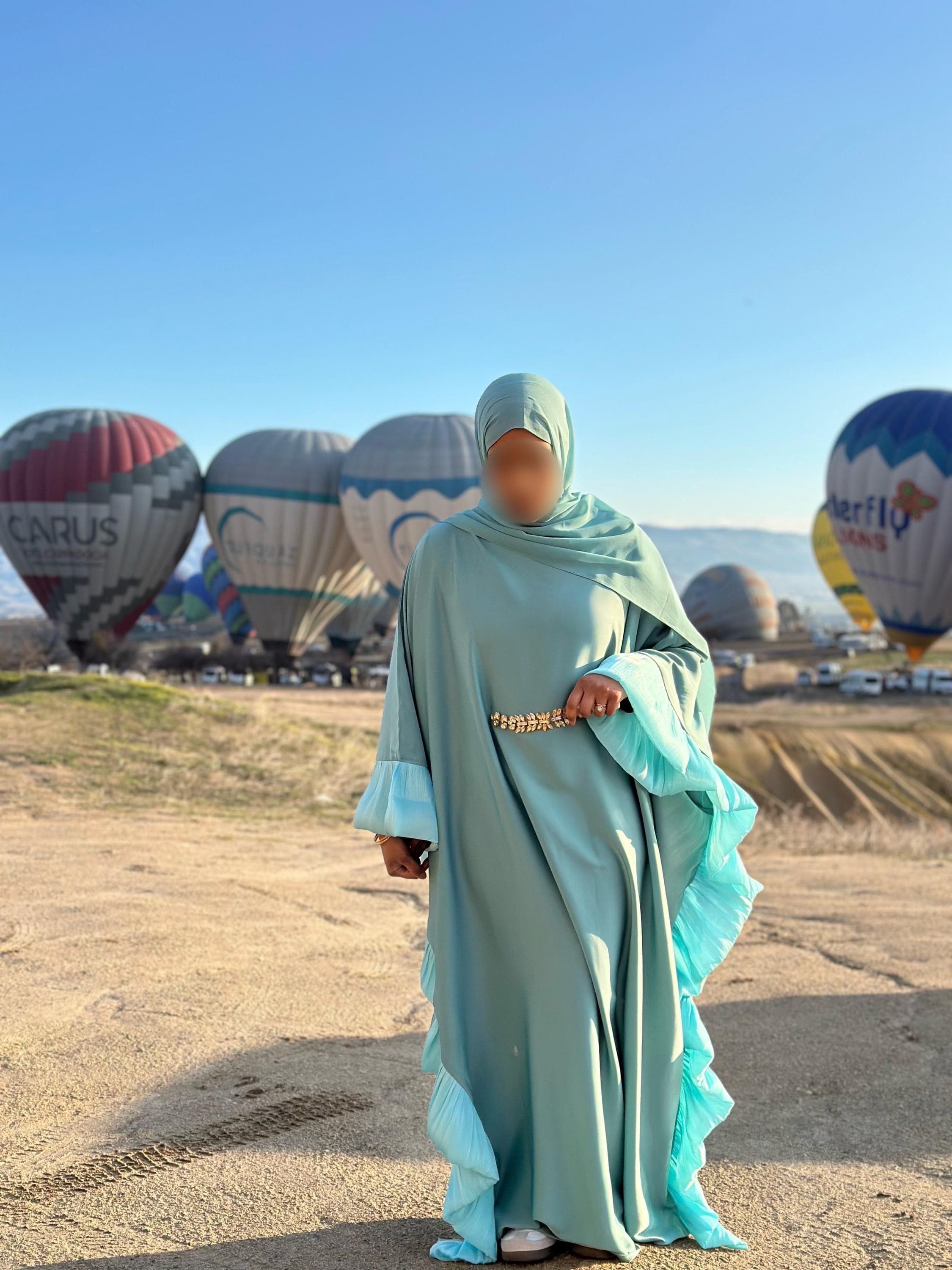 Meera Abaya with Double Pleated Sleeves and Stone Belt - Aqua Blue
