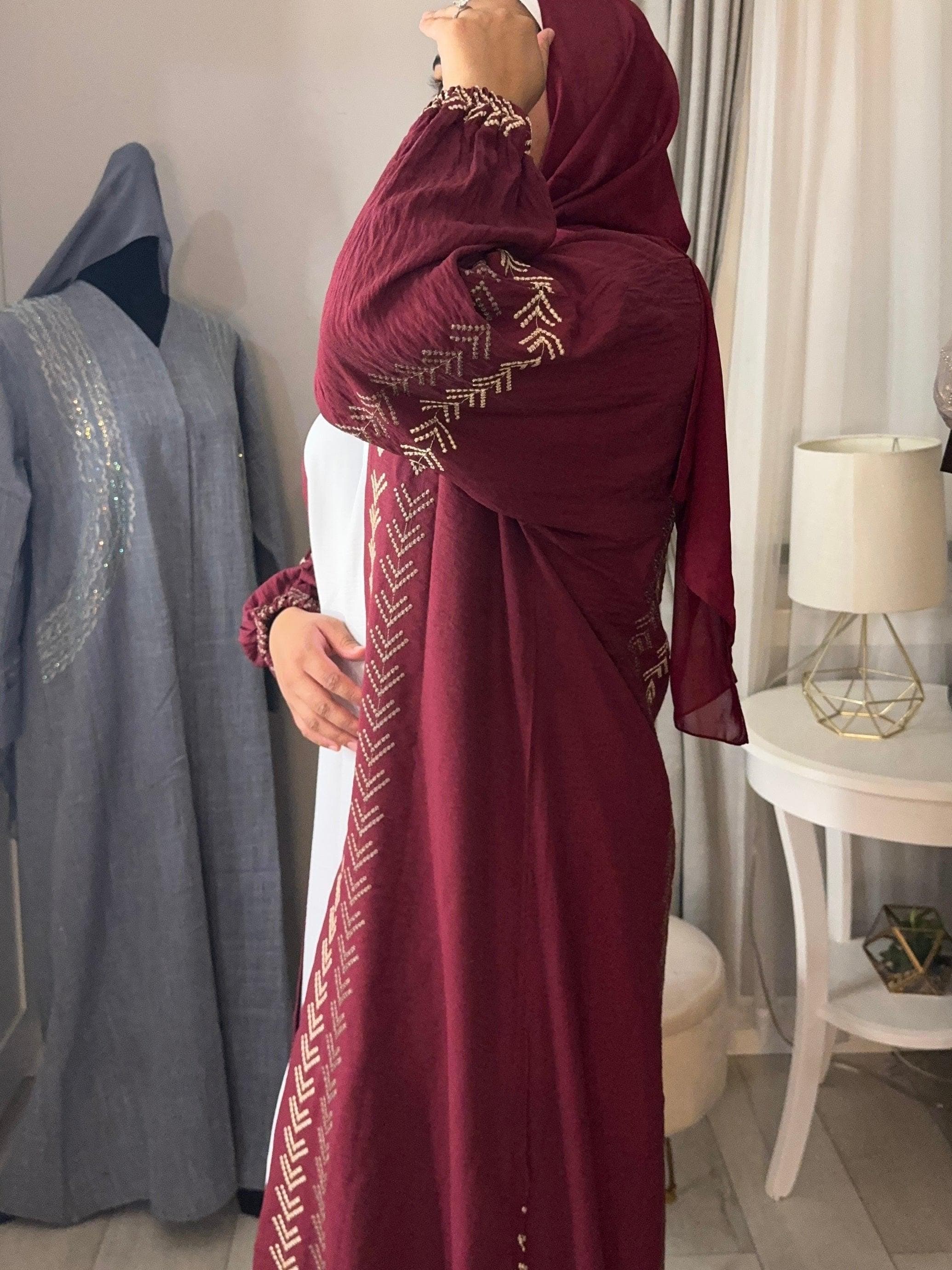 Gold Embroidered Open Abaya - Maroon