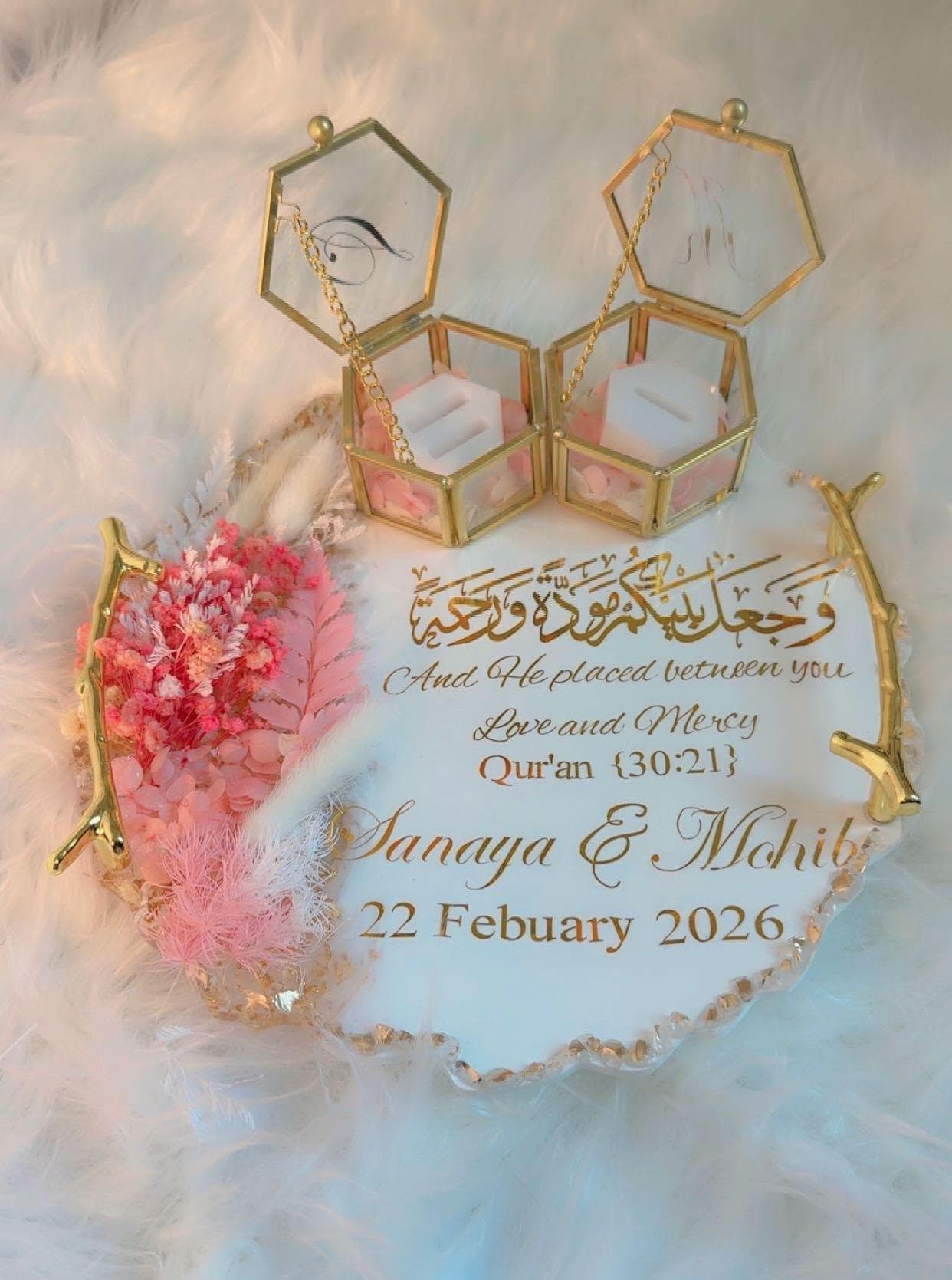 Personalized Pink Islamic Nikah Resin Ring Platter