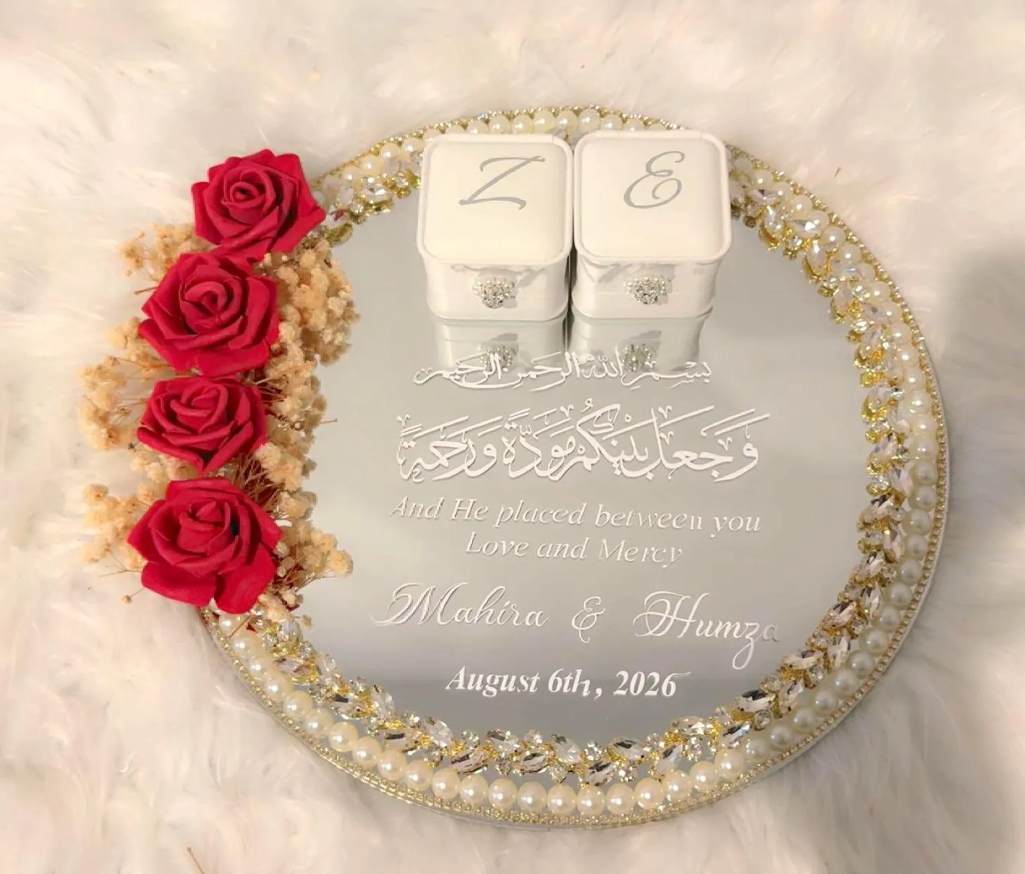 Personalized Wedding Mirror Ring Tray: Floral, Pearl, Crystal Accents - image 3