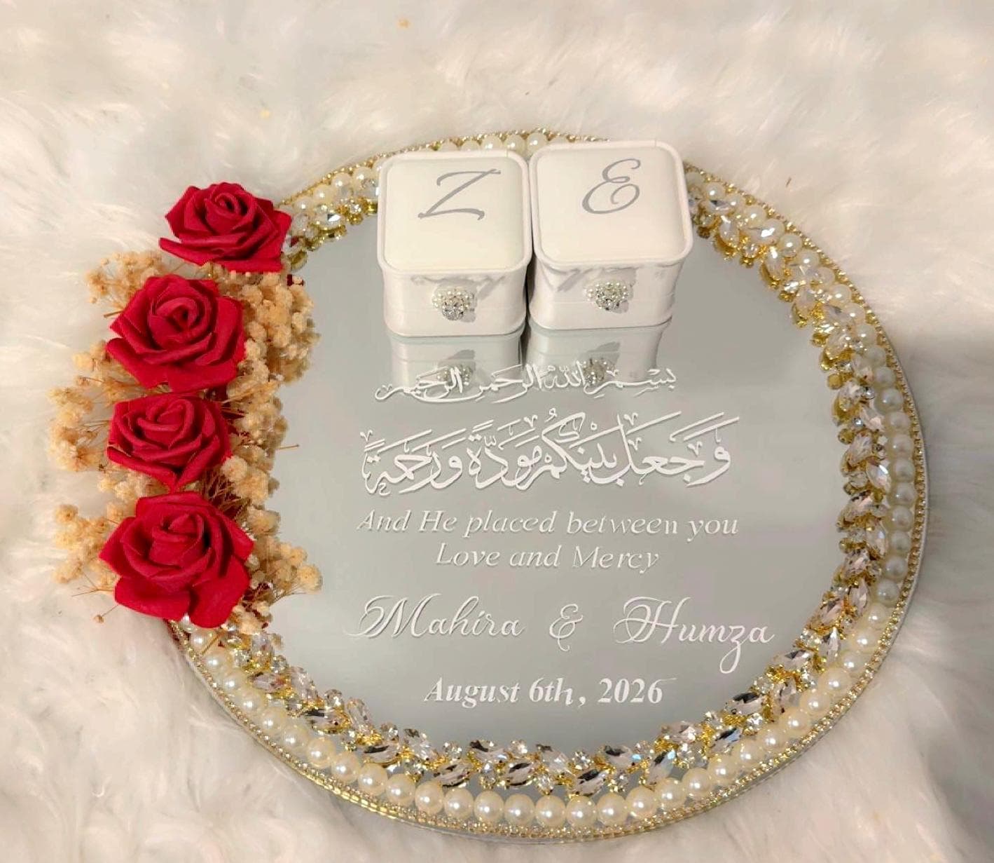 Personalized Wedding Mirror Ring Tray: Floral, Pearl, Crystal Accents