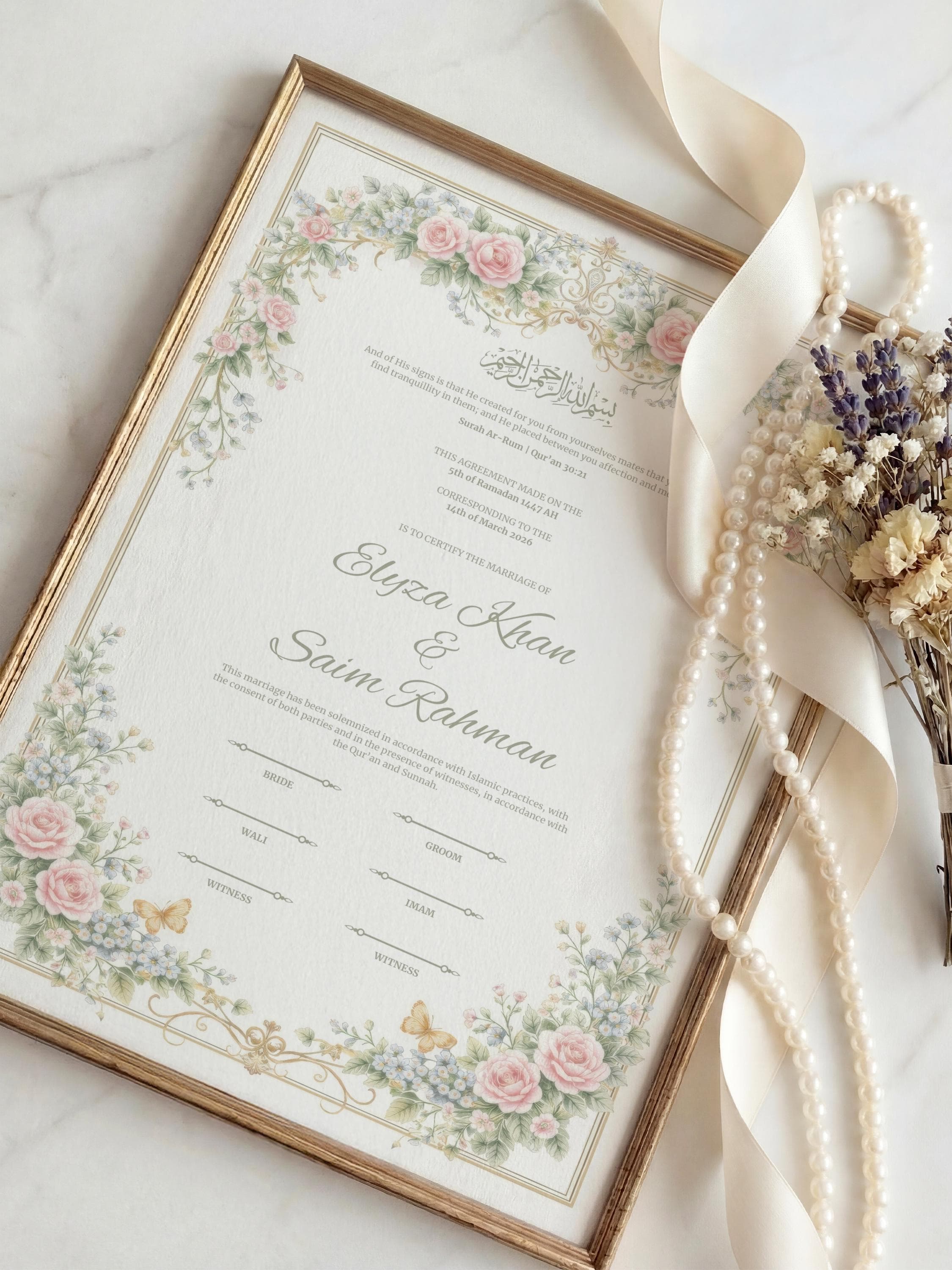 Floral Islamic Nikkah Certificate: Pink Rose Wedding Contract (Digital Download, Canva Template A3/A4) - image 2