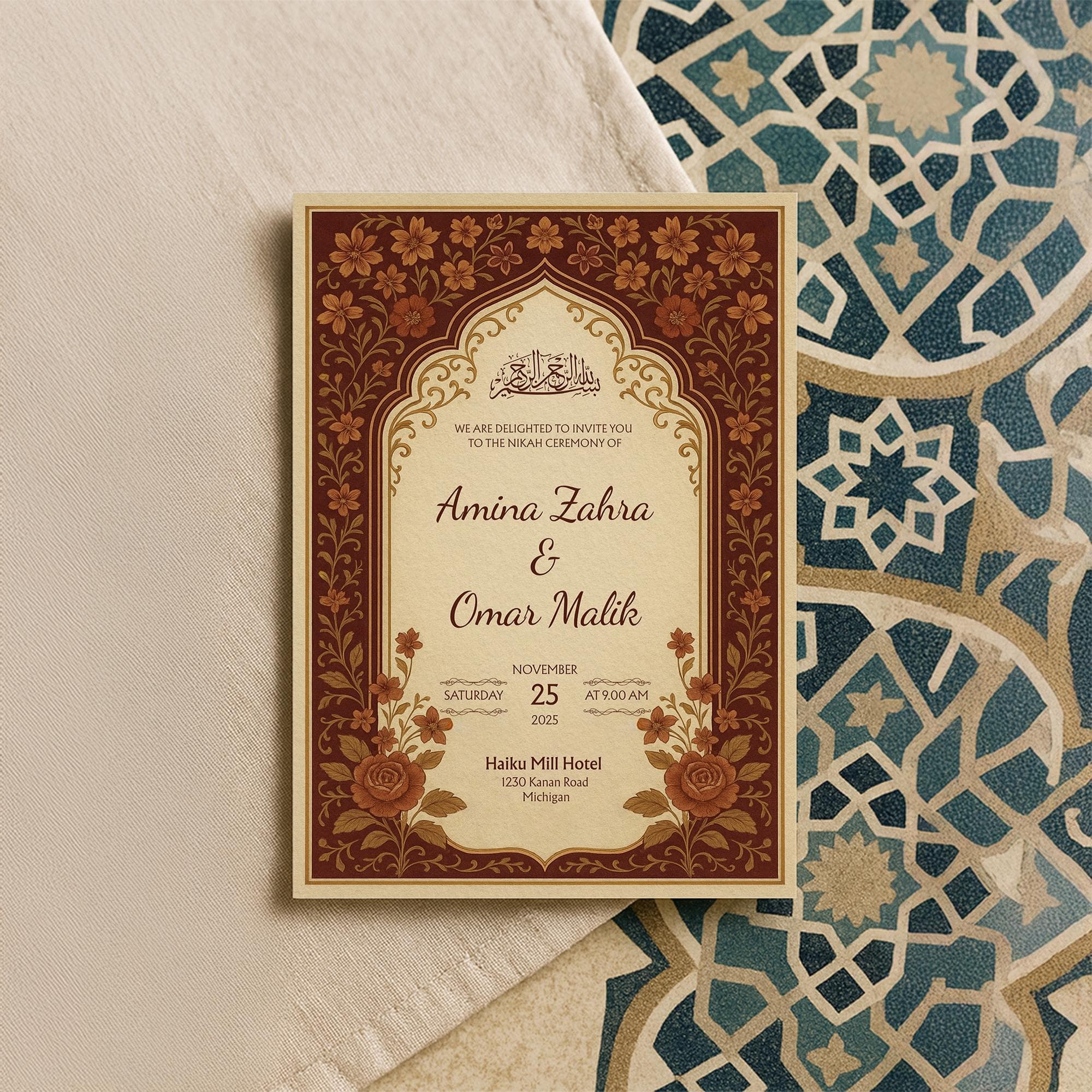 Burgundy Red Floral Muslim Wedding Canva Card | Editable Islamic Nikah Invitation Template  | Printable Digital Download Ceremony | WA20