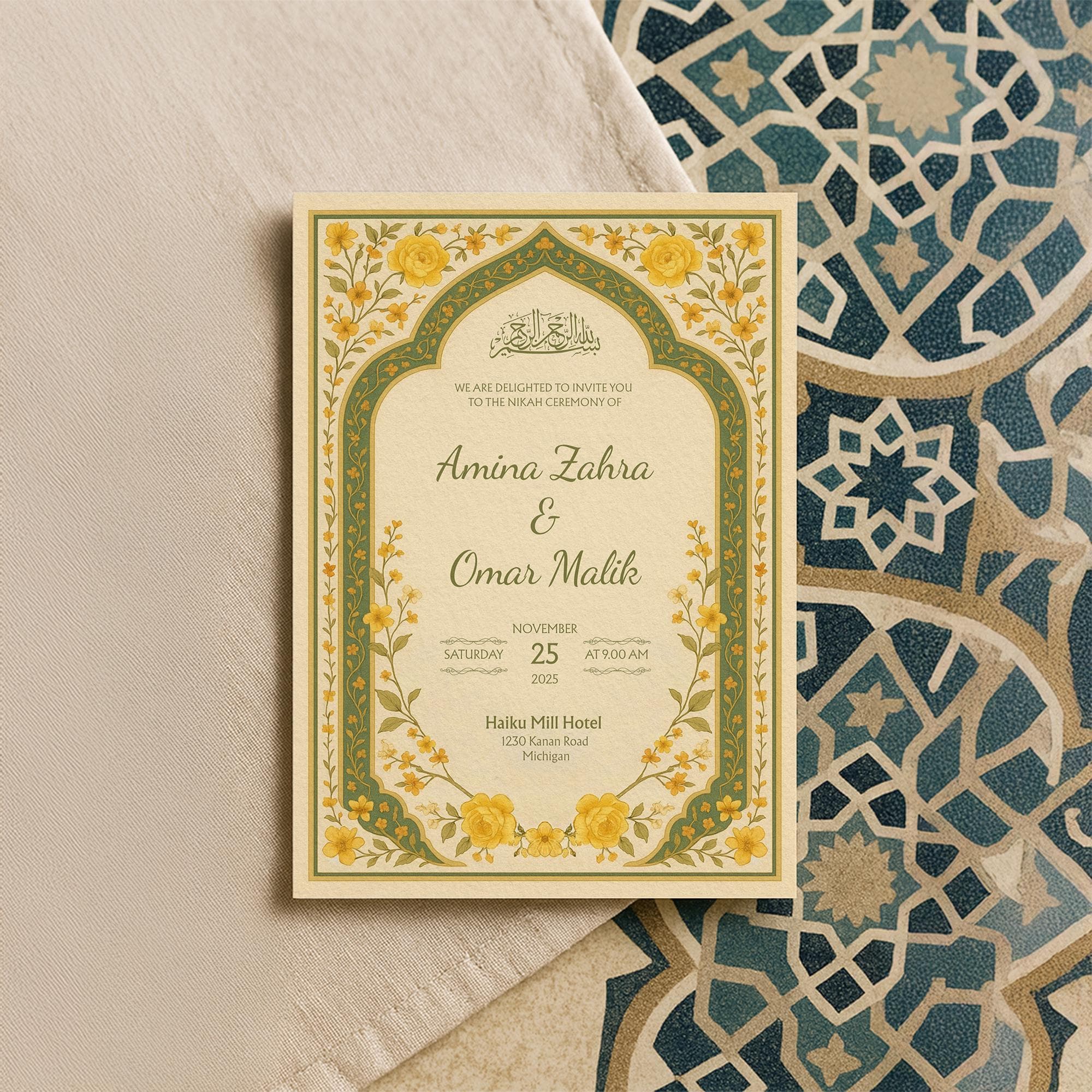Editable Yellow Floral Nikah Invitation Template: Muslim Wedding Card | WA14