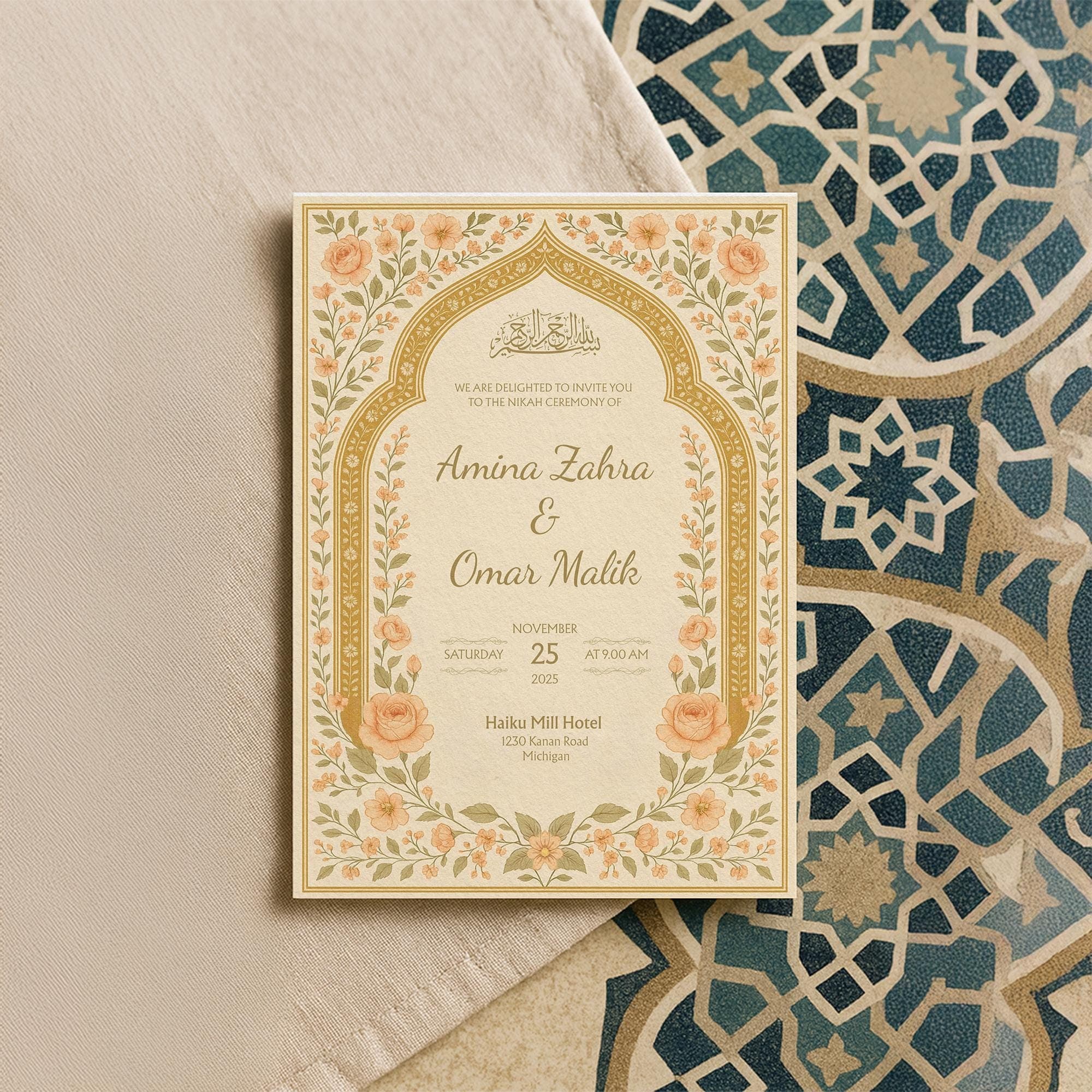 Peach Toned Floral Nikah Invitation | Islamic Wedding Canva Template Editable & Printable | Muslim Marriage Ceremony Card Design | WA19
