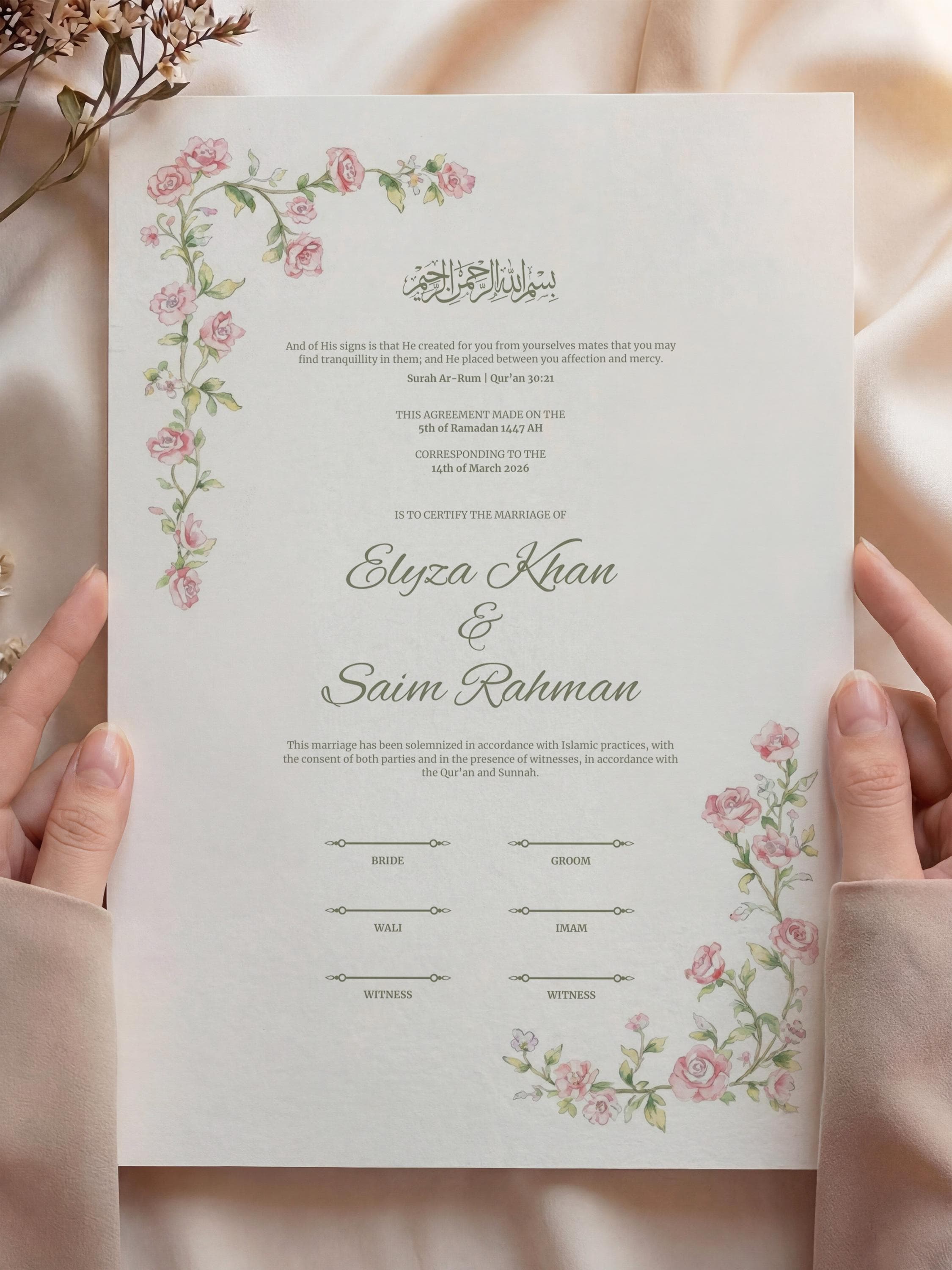 Pink Floral Islamic Nikkah Certificate: Editable Muslim Wedding Contract (A3 & A4 Canva Template) - image 4