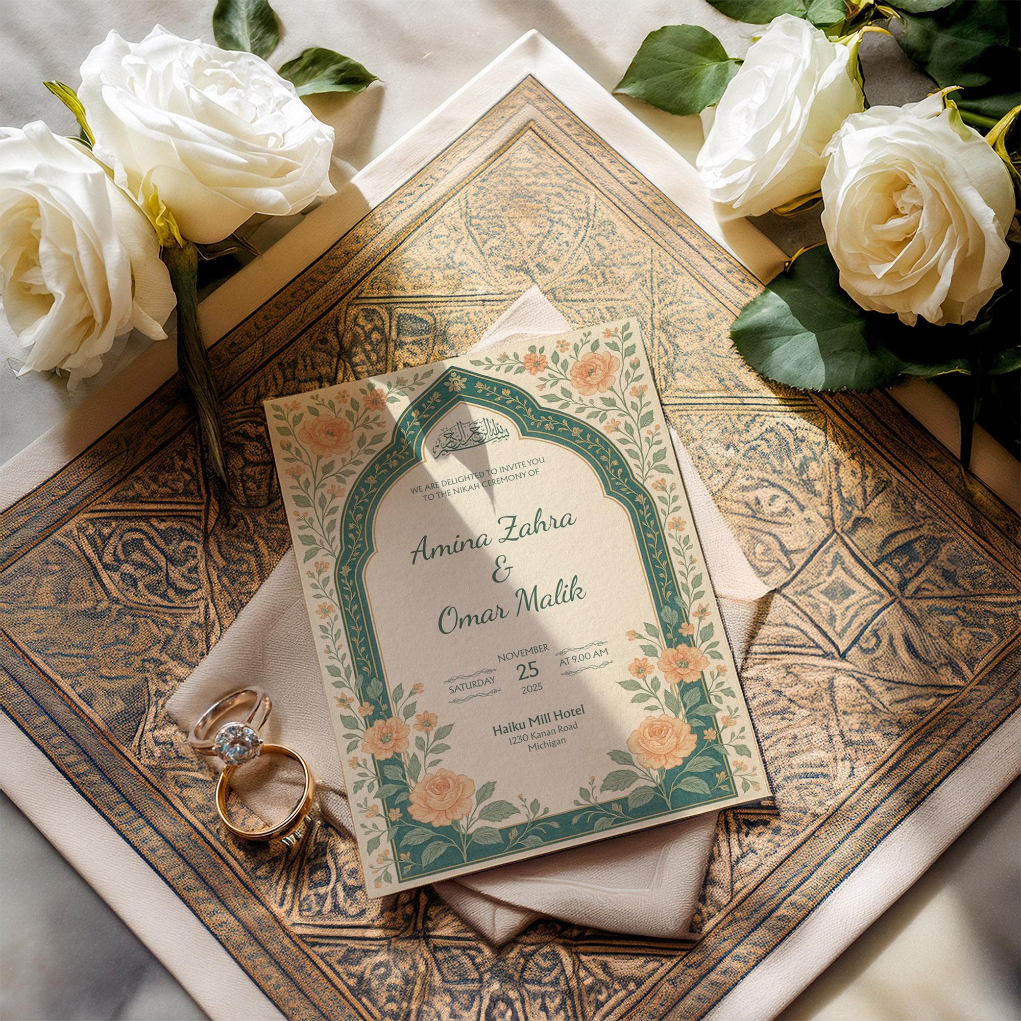 Orange Floral Muslim Nikah Invitation: Printable Islamic Wedding Invitation, Editable Canva Template | WA17 - image 3