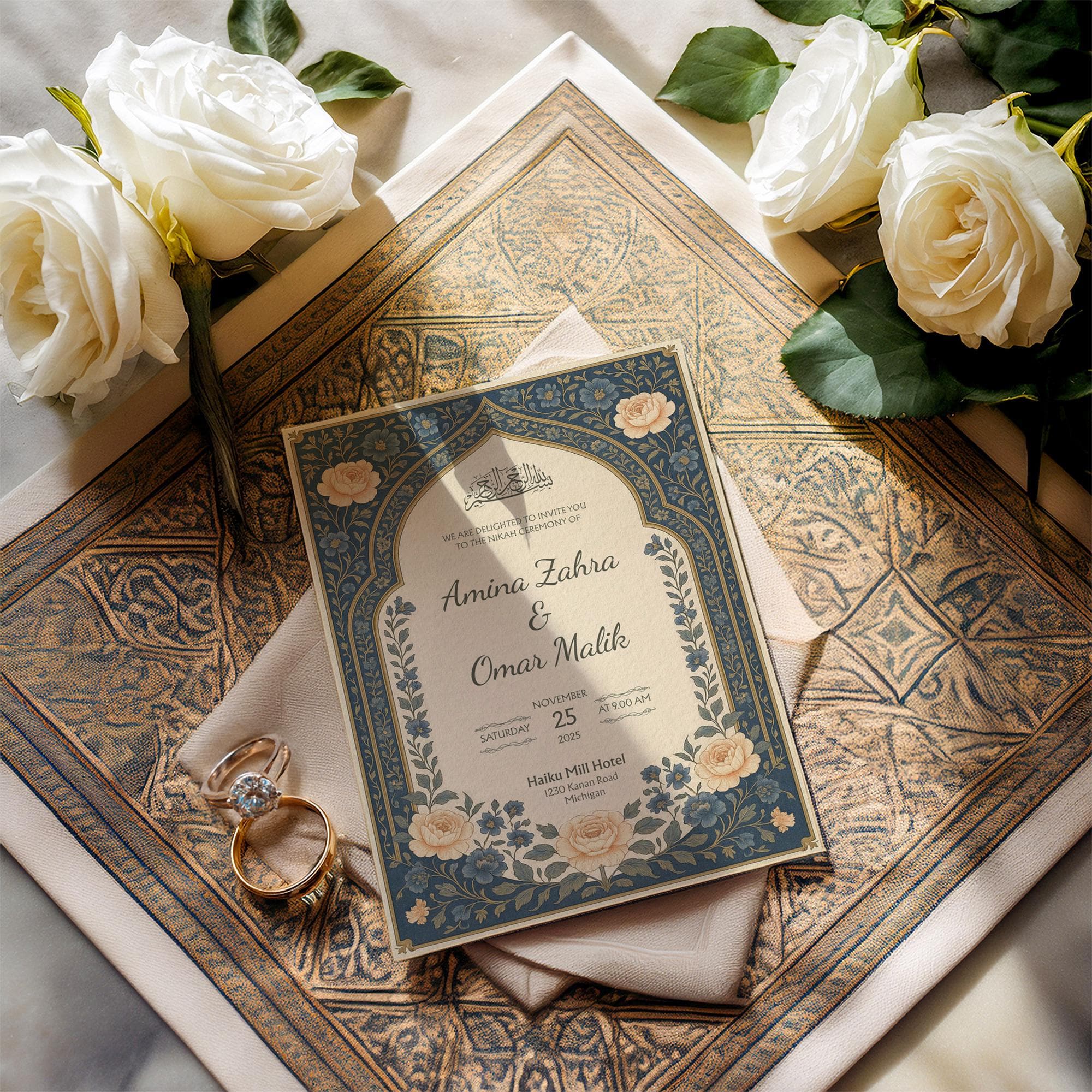 Customizable Muslim Wedding Invitation Template | Blue Islamic Nikah Card with Bismillah Calligraphy | Floral Digital Canva Design | WA03 - image 3