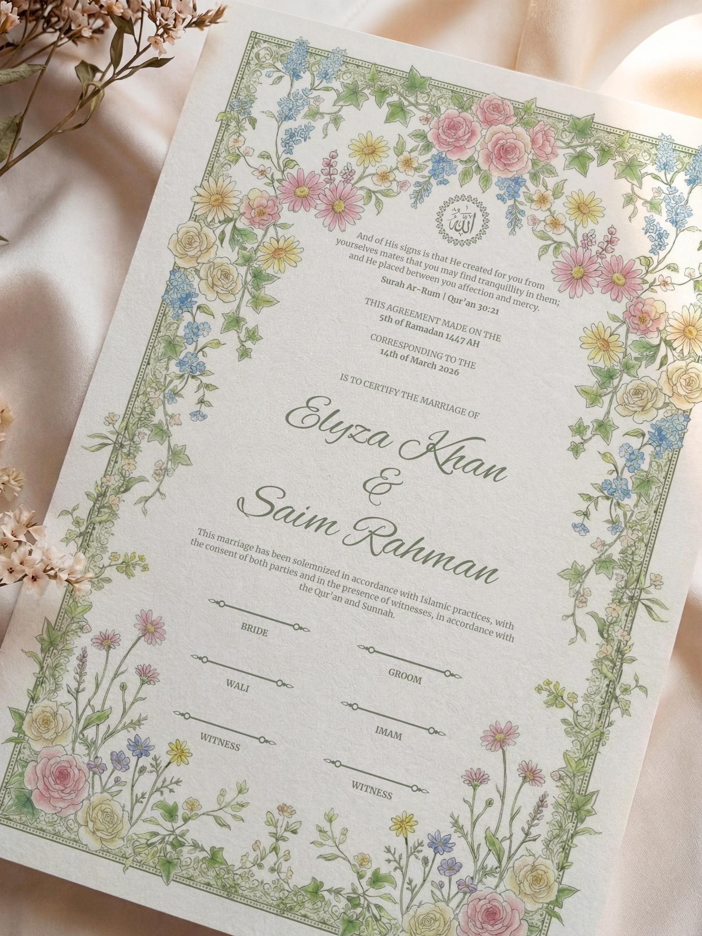 Wildflower Islamic Nikkah Certificate: Soft Pastel Floral Muslim Wedding Contract, Romantic Personalized Marriage Template