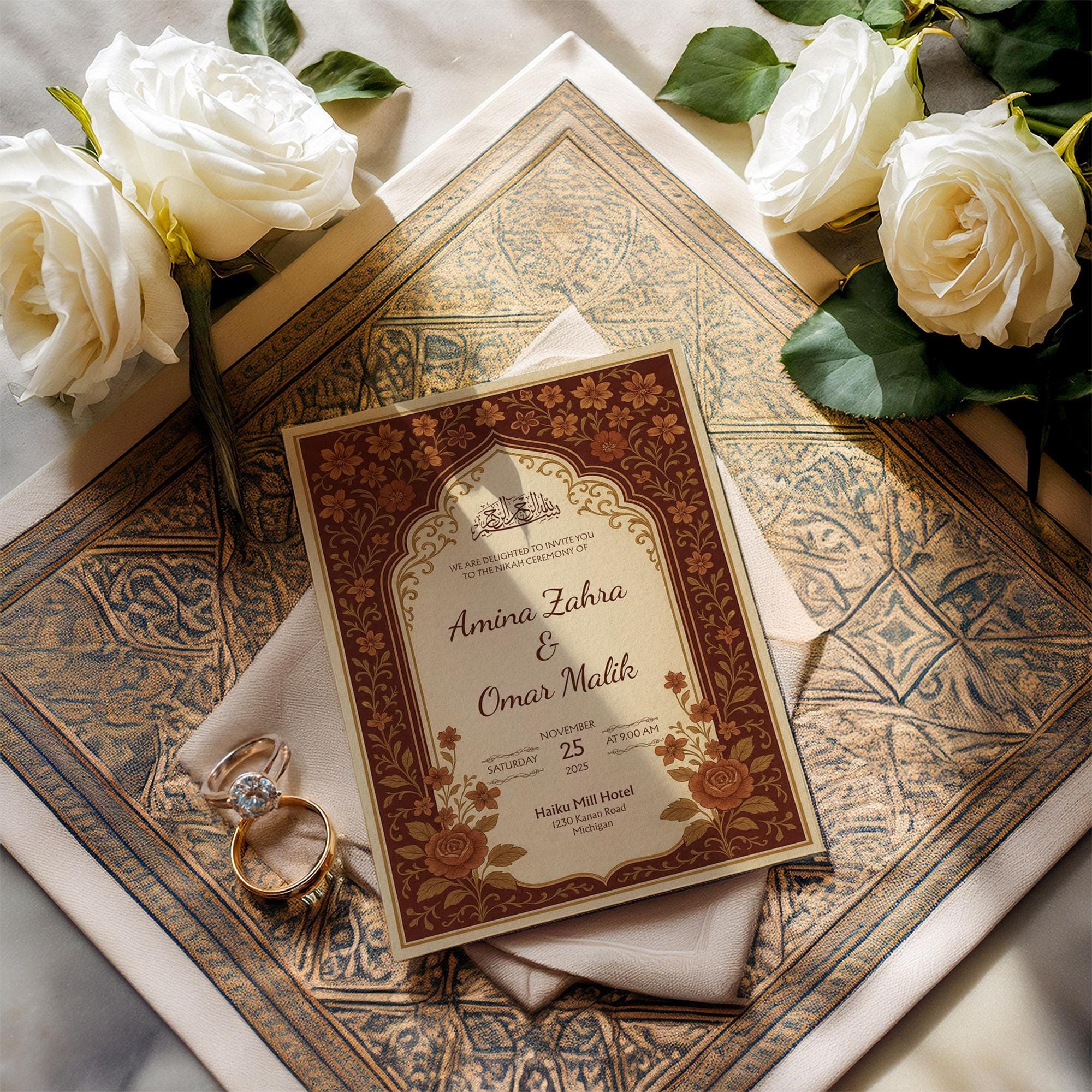 Burgundy Red Floral Muslim Wedding Canva Card | Editable Islamic Nikah Invitation Template  | Printable Digital Download Ceremony | WA20 - image 3
