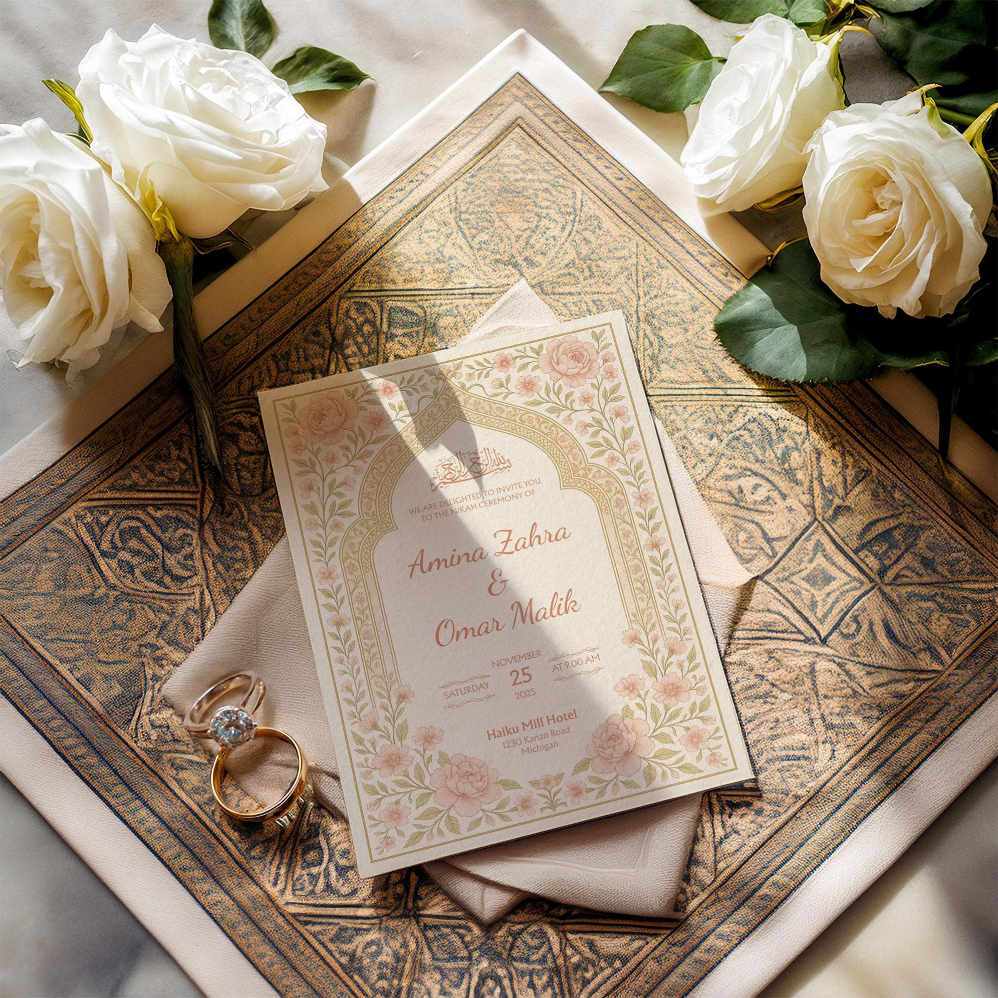 Editable Blush Floral Muslim Nikah Invitation Template | Canva Printable Wedding Card with Elegant Islamic Motif Design | WA15 - image 3