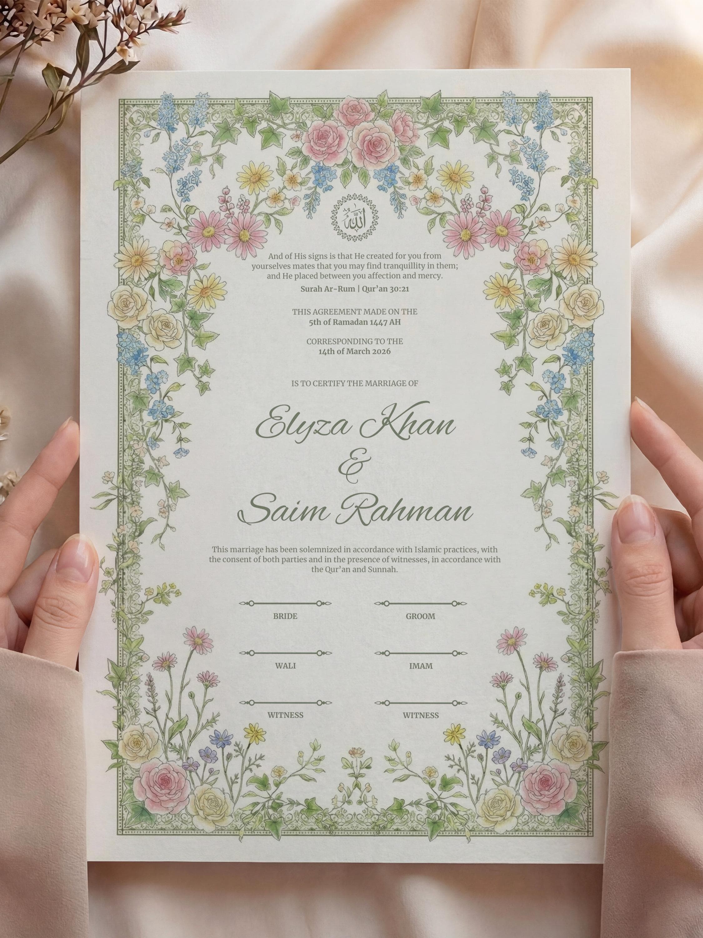 Wildflower Islamic Nikkah Certificate: Soft Pastel Floral Muslim Wedding Contract, Romantic Personalized Marriage Template - image 3
