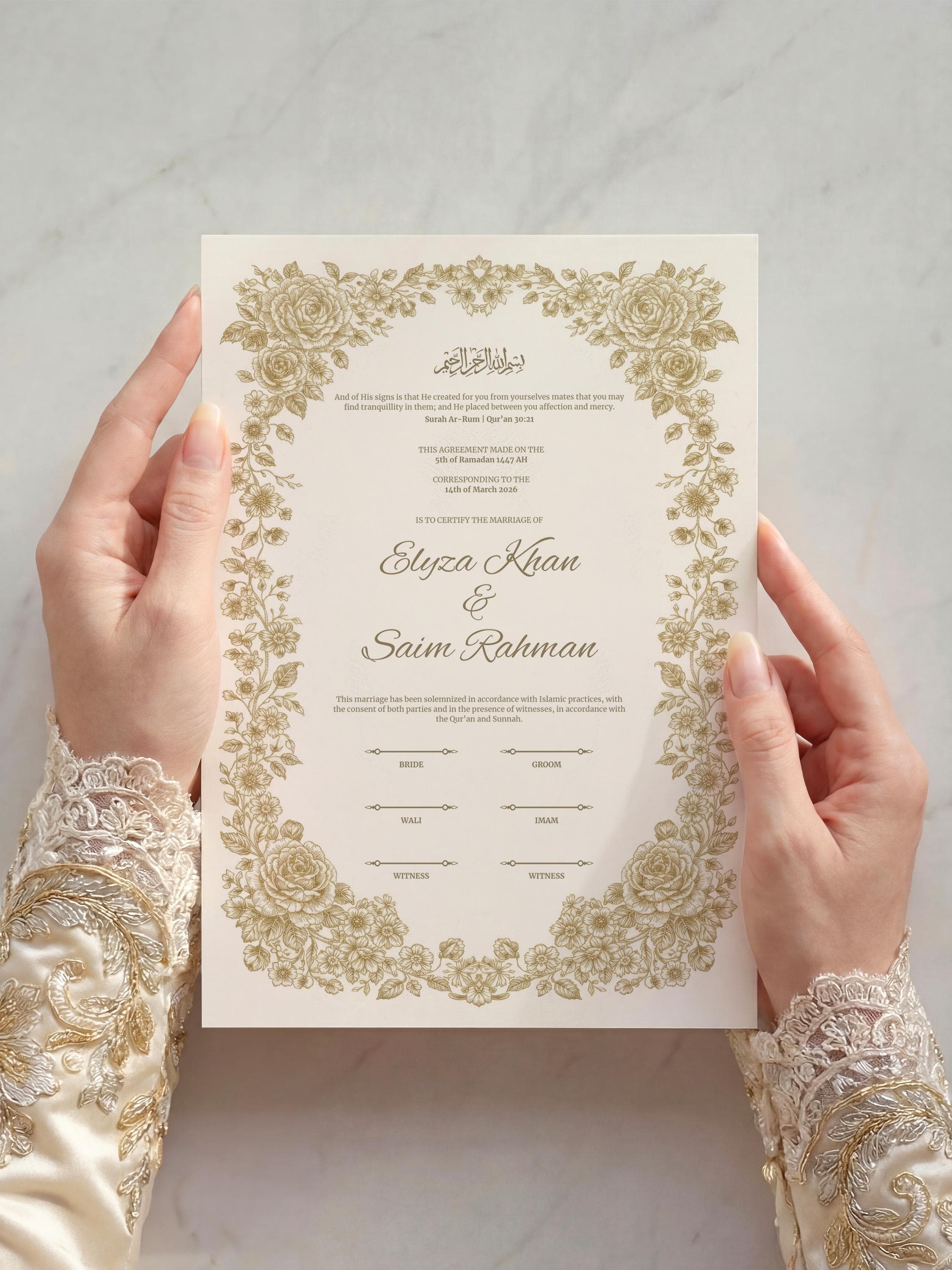Gold Floral Islamic Nikkah Certificate: Elegant Muslim Wedding Contract, Luxury Personalized Marriage Template - image 5