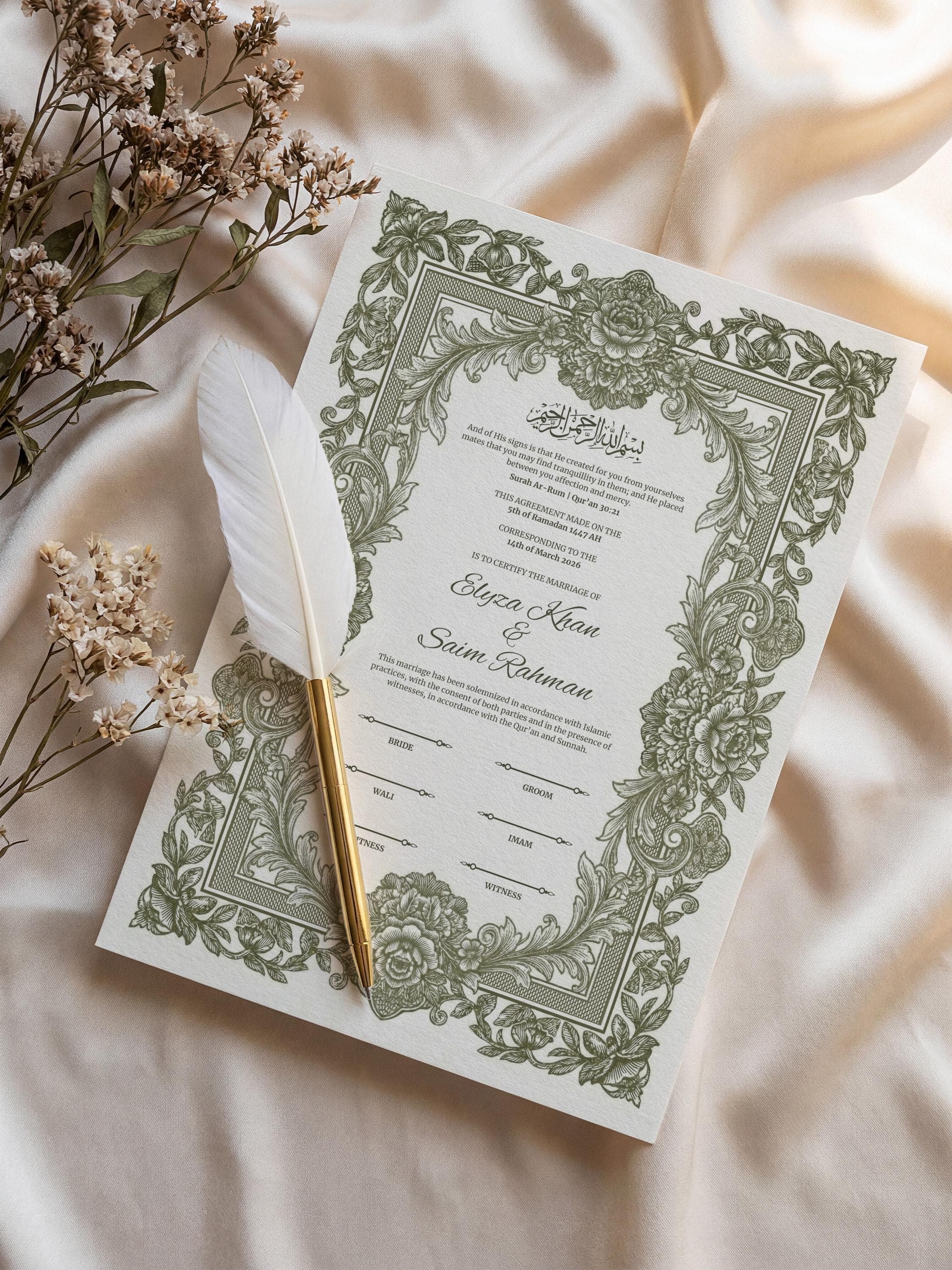 Muslim Wedding Contract: Botanical Vintage Green Floral Islamic Nikkah Certificate, Elegant Marriage Template - image 4