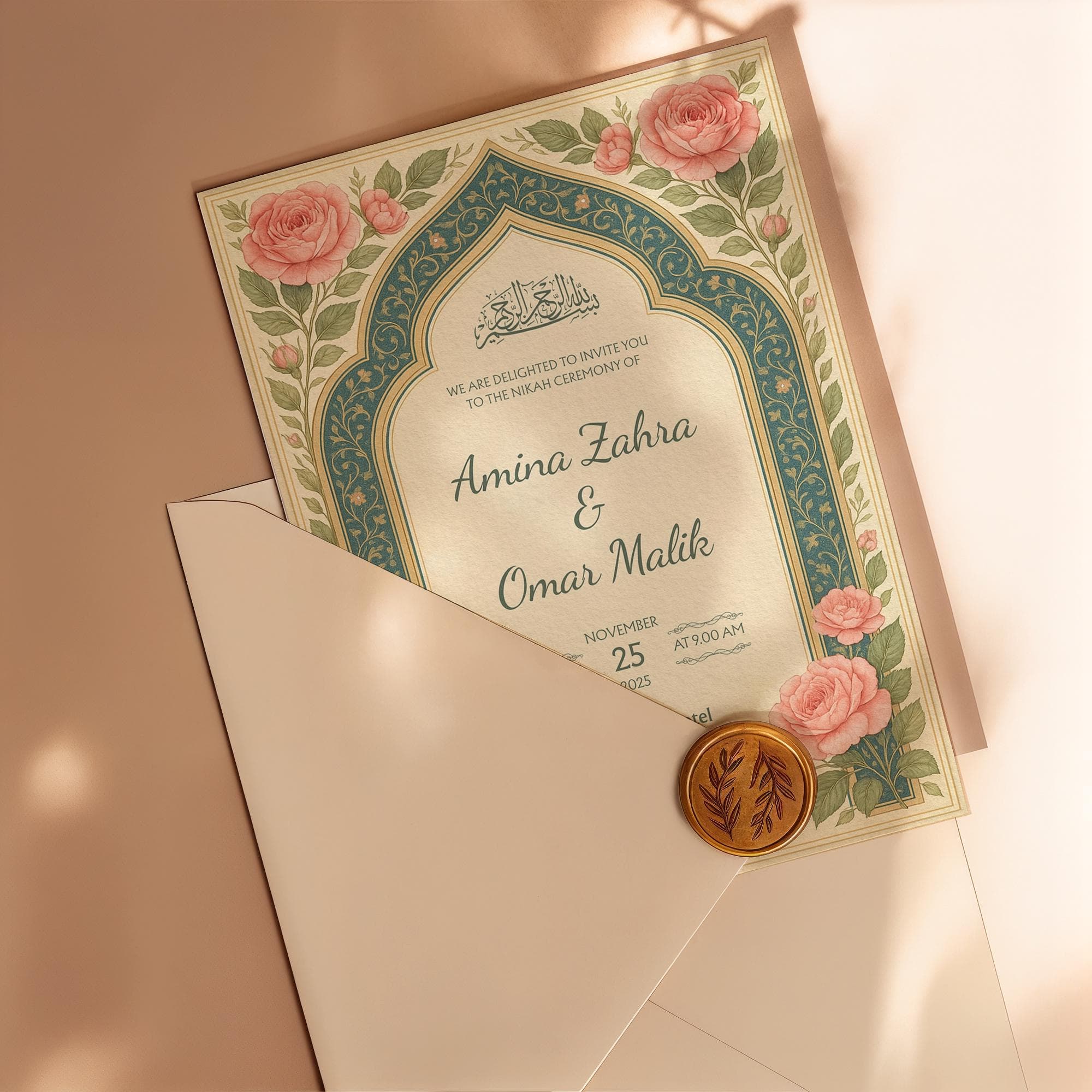 Editable Digital Nikah Invitation Card | Islamic Arch Template with Pink Rose Floral Design and Elegant Arabic Calligraphy | WA10 - image 4