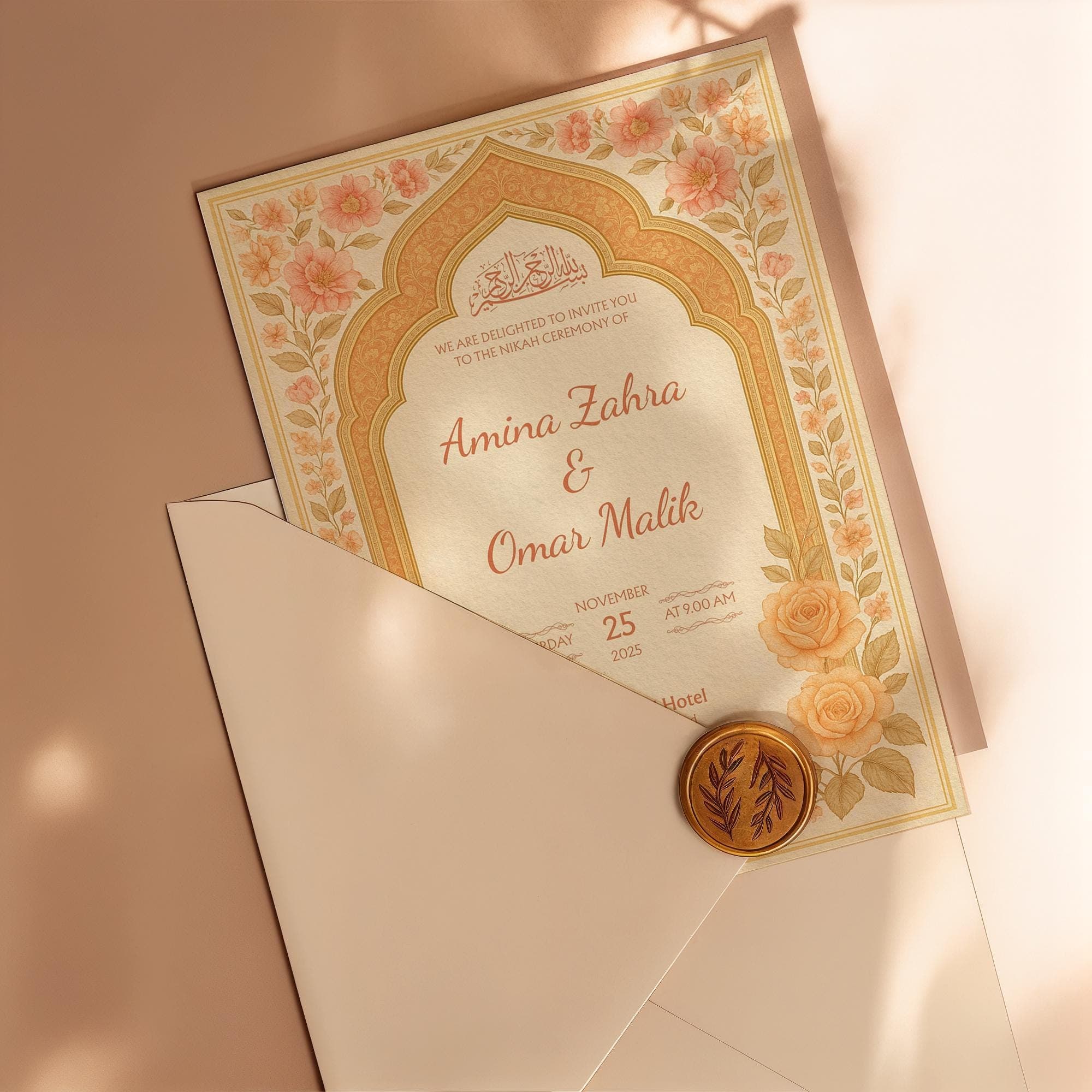 Customizable Islamic Canva Template | Printable Muslim Nikah Design with Golden Floral Details & Editable Arabic Calligraphy | WA06 - image 4