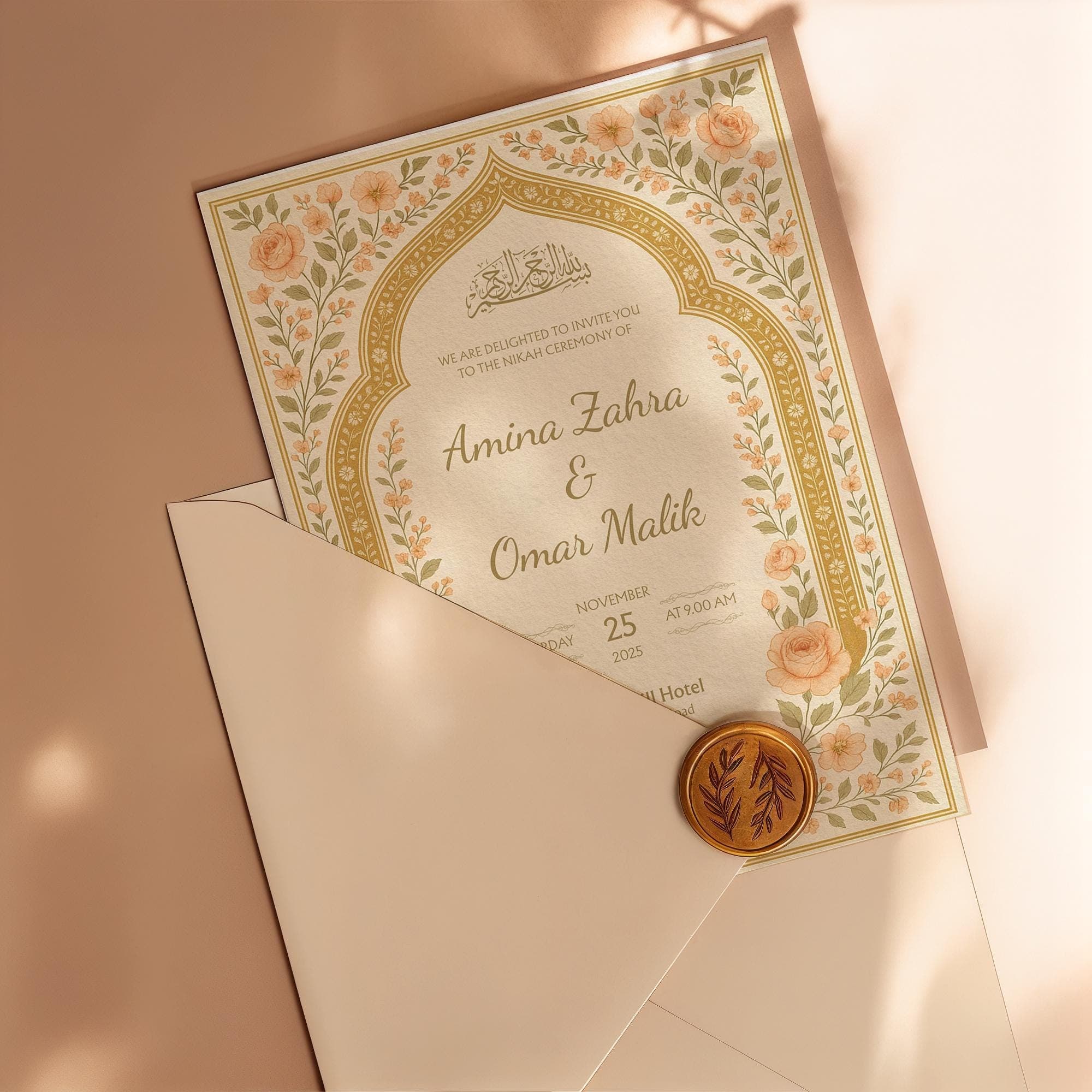 Peach Toned Floral Nikah Invitation | Islamic Wedding Canva Template Editable & Printable | Muslim Marriage Ceremony Card Design | WA19 - image 5