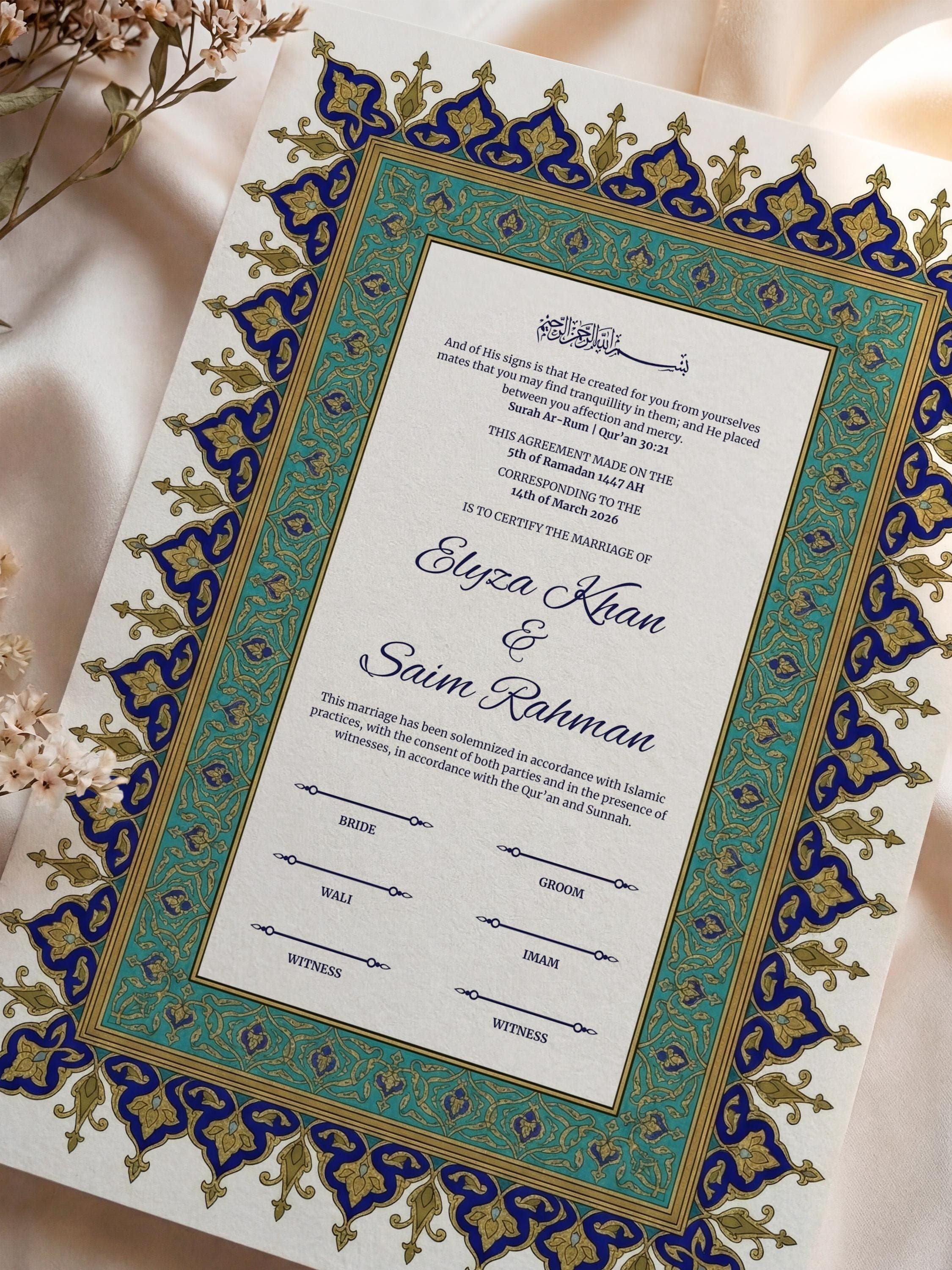 Blue Ottoman Islamic Nikkah Certificate: Editable Muslim Wedding Contract (A3 & A4 Canva Template)