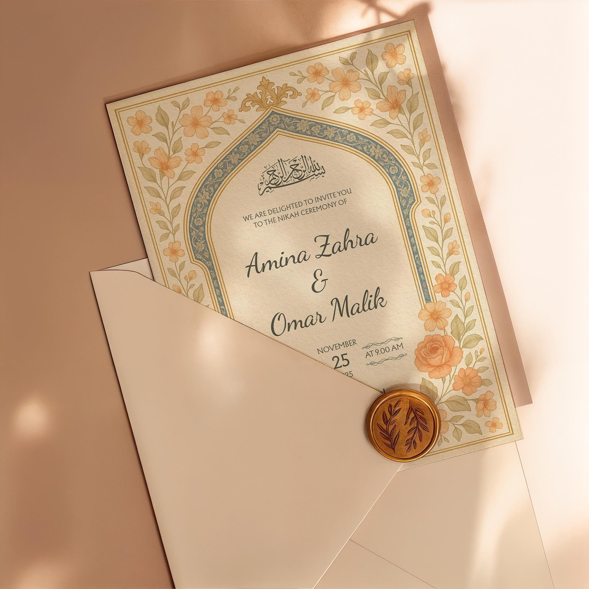 Editable Muslim Wedding Invitation Template | Printable Orange Floral Nikah Card with Arabic Arch & Calligraphy in Canva Format | WA13 - image 5
