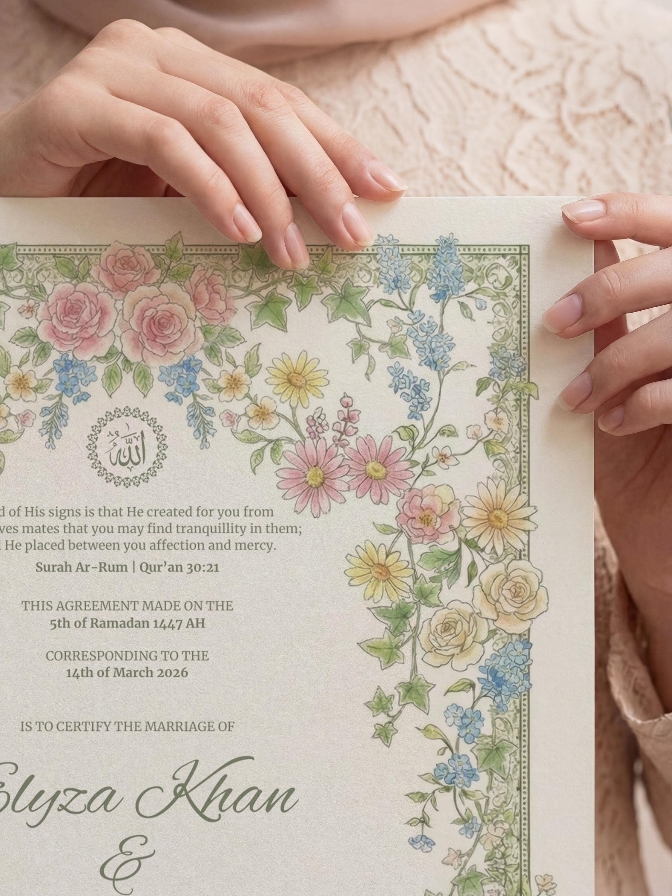 Wildflower Islamic Nikkah Certificate: Soft Pastel Floral Muslim Wedding Contract, Romantic Personalized Marriage Template - image 5