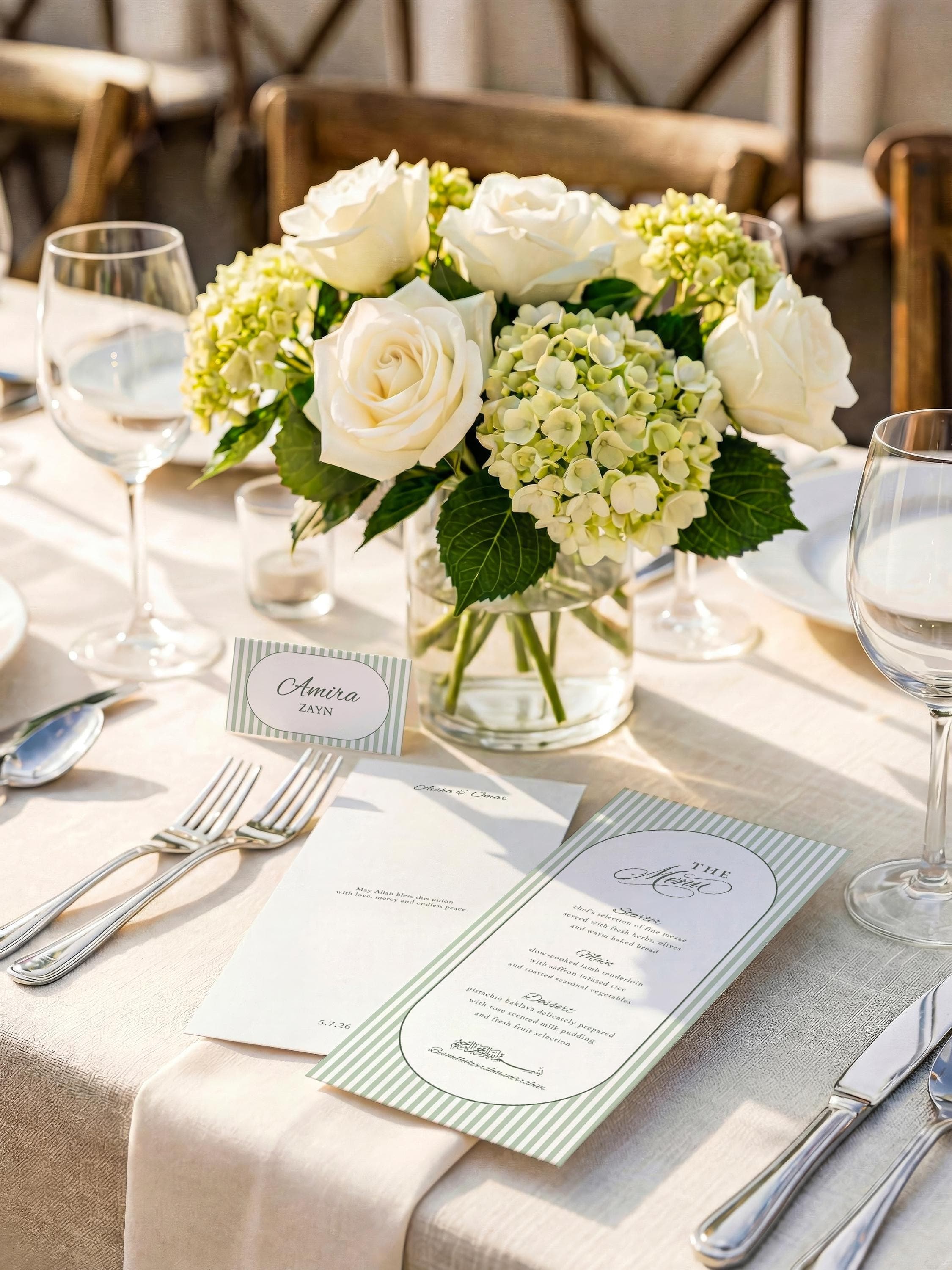 Islamic Wedding Menu & Place Card Template: Elegant Green Striped Arch Muslim Nikkah Reception Set - image 3